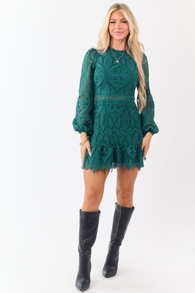 Dark Pine Long Puff Sleeve Lace Mini Dress