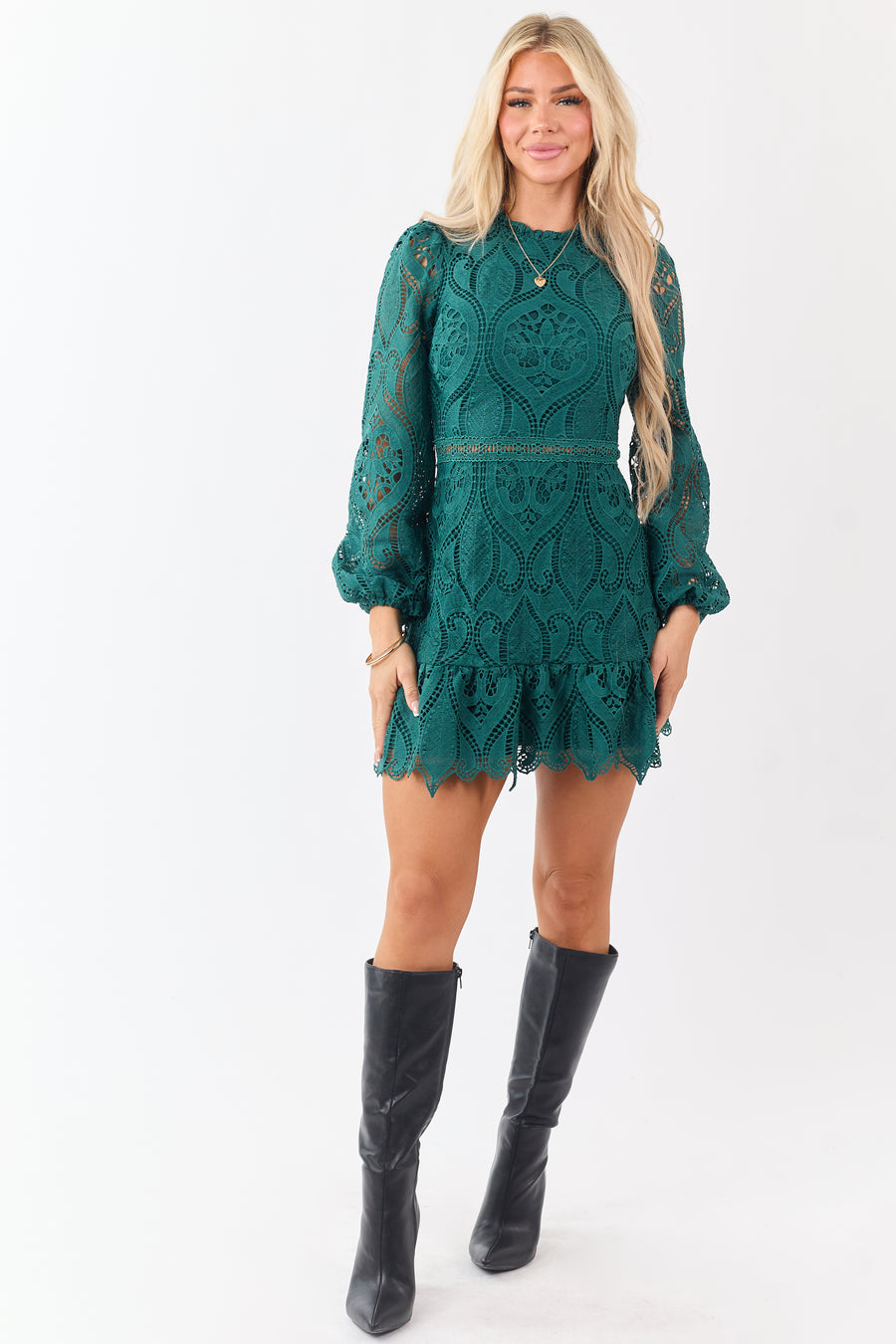 Dark Pine Long Puff Sleeve Lace Mini Dress