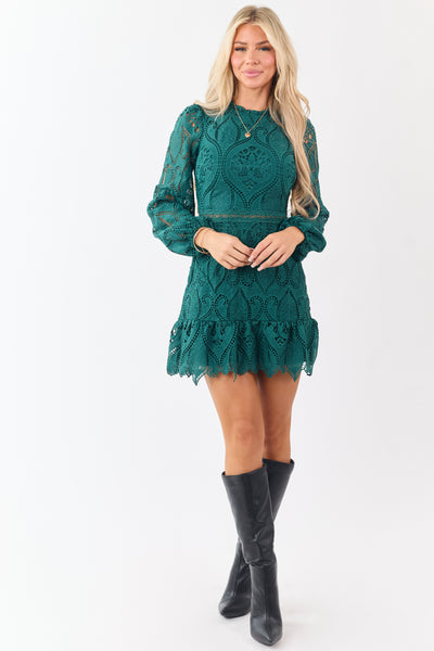Dark Pine Long Puff Sleeve Lace Mini Dress
