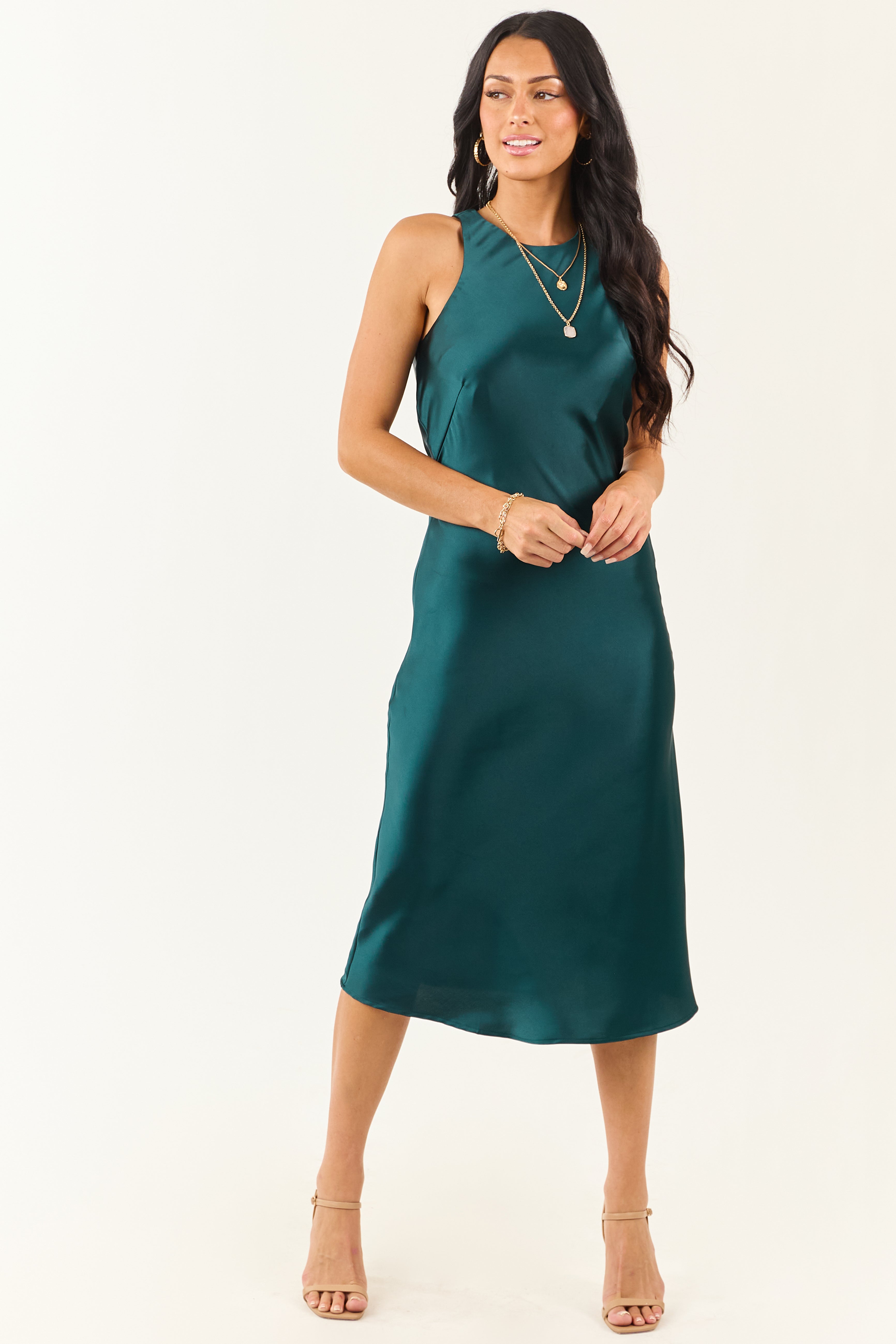 Dark Pine Satin Sleeveless Midi Slip Dress | Lime Lush Boutique
