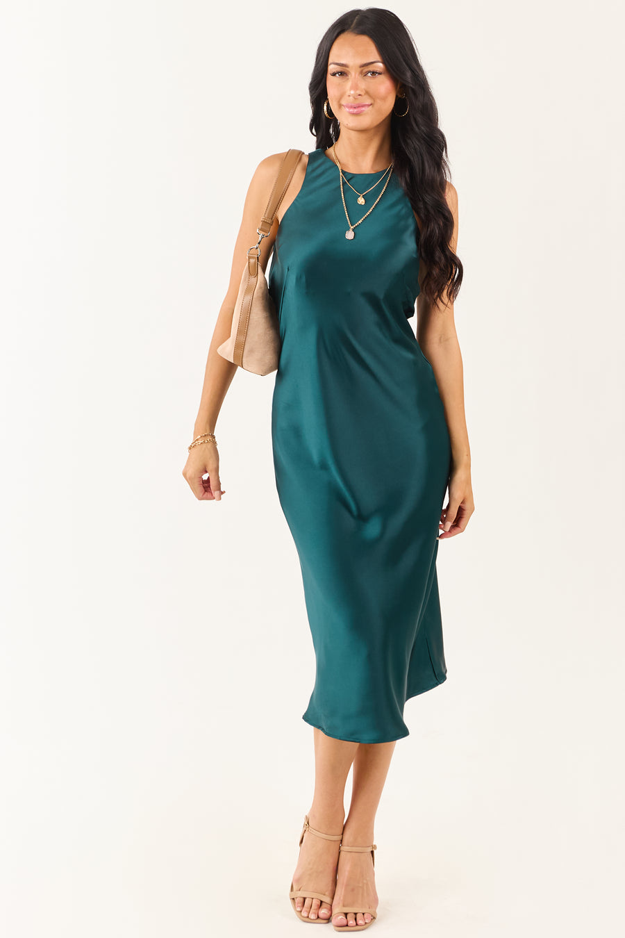 Dark Pine Satin Sleeveless Midi Slip Dress