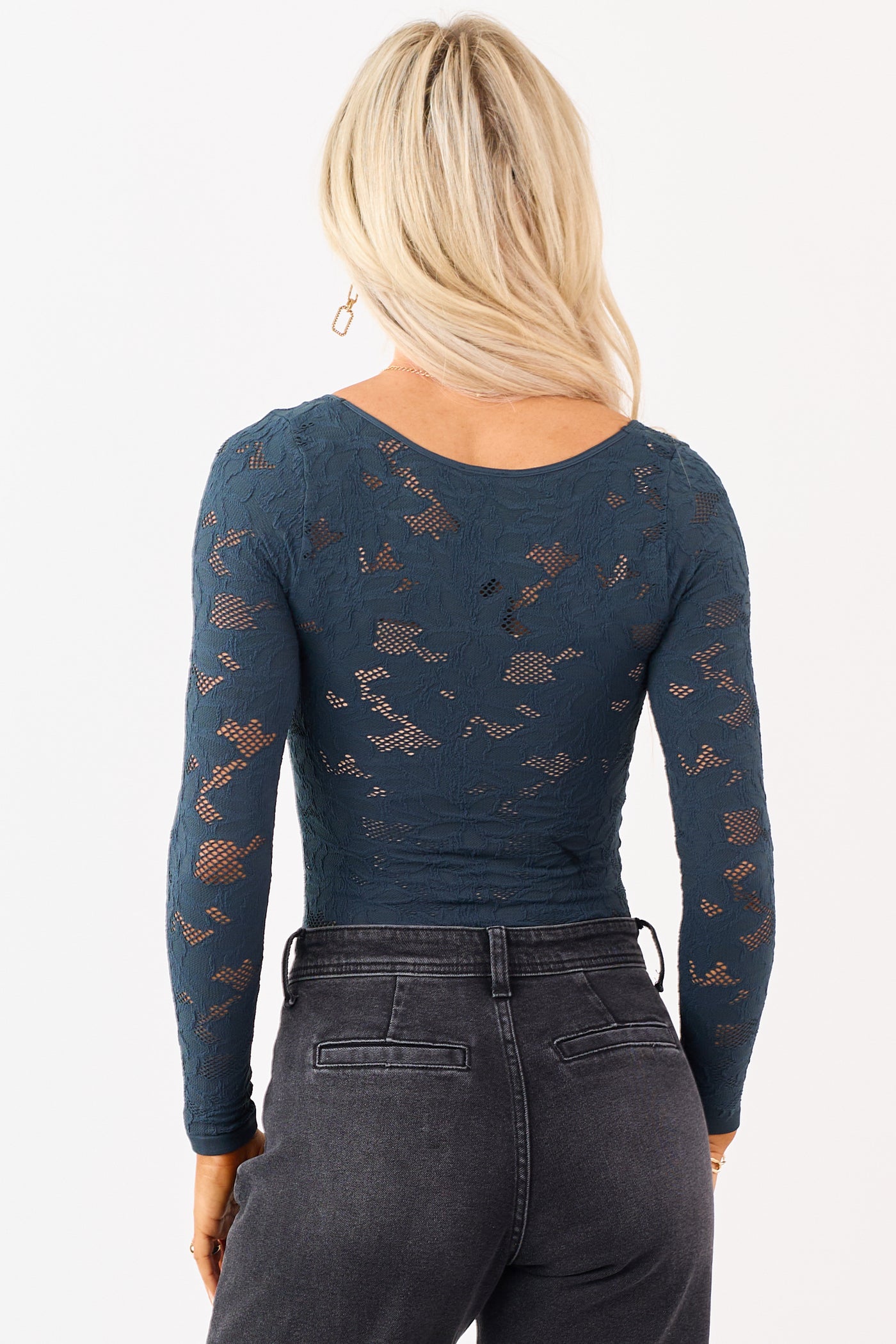 Dark Pine Textured Lace Long Sleeve Bodysuit