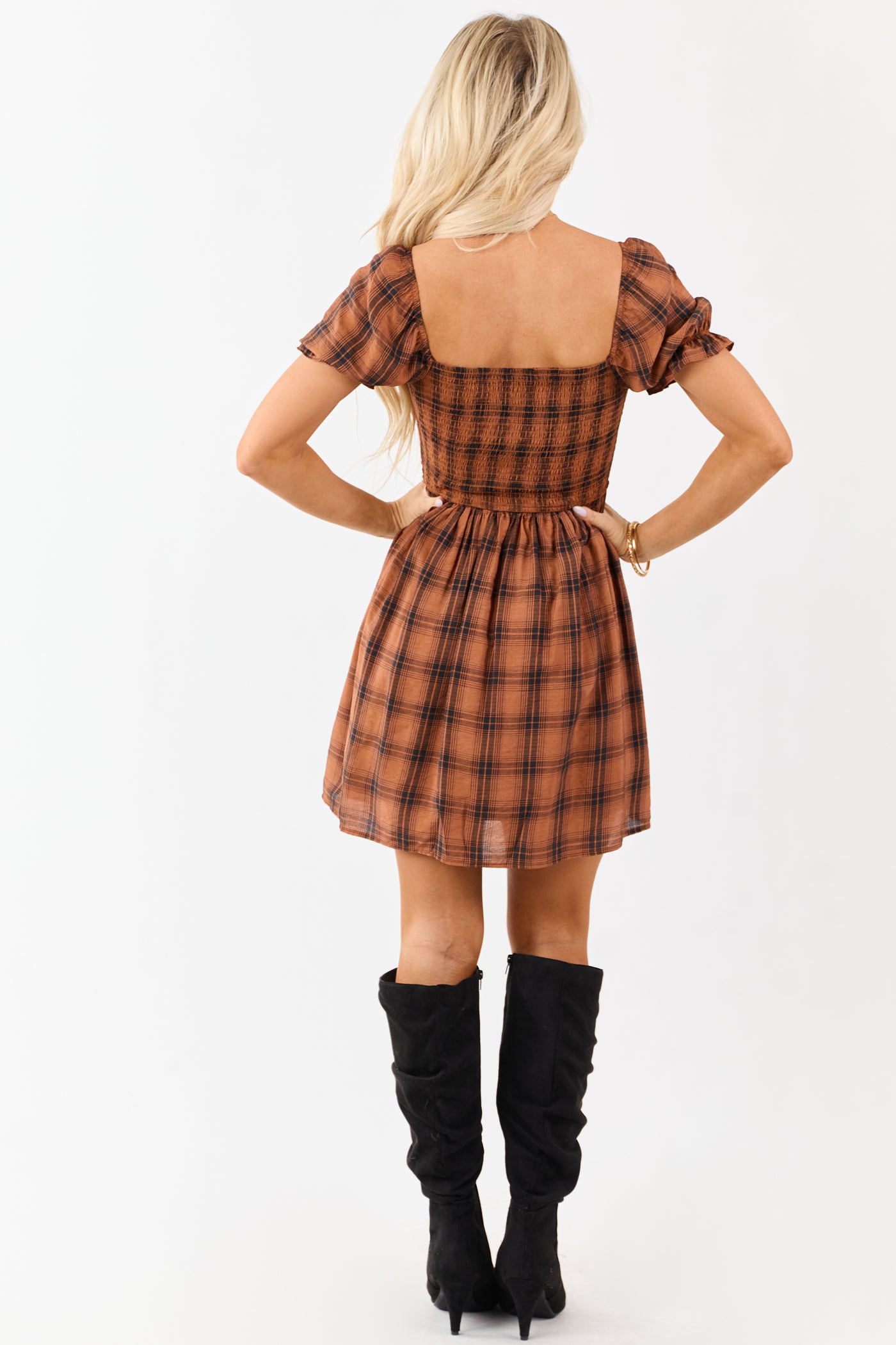 Dark Pumpkin Spice Plaid Smocked Mini Dress