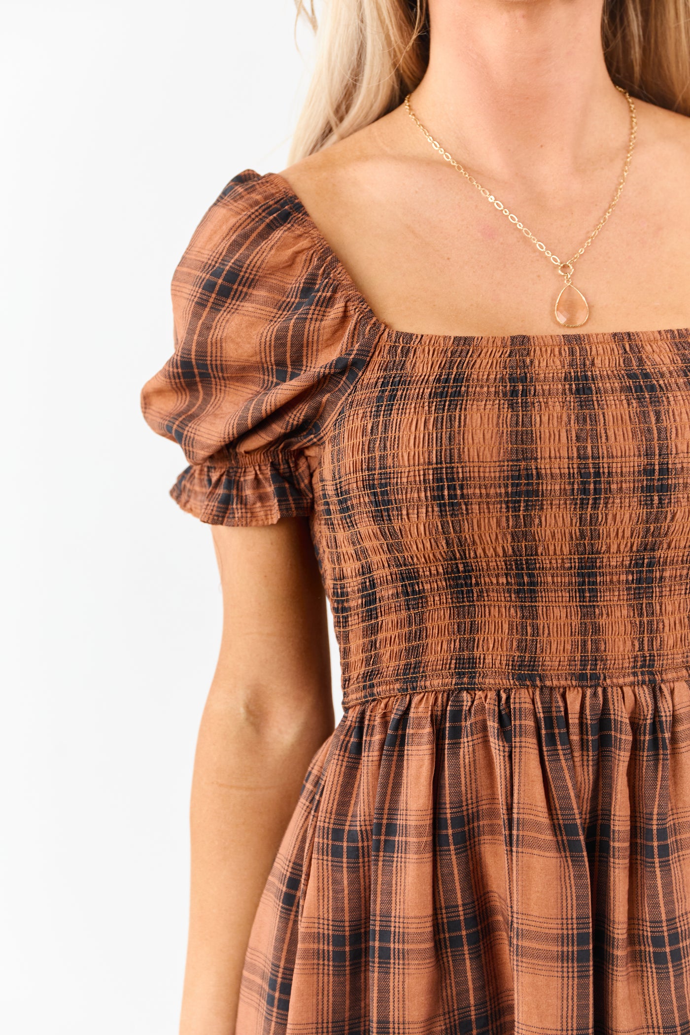 Dark Pumpkin Spice Plaid Smocked Mini Dress Dark Pumpkin Spice Plaid Smocked Mini Dress