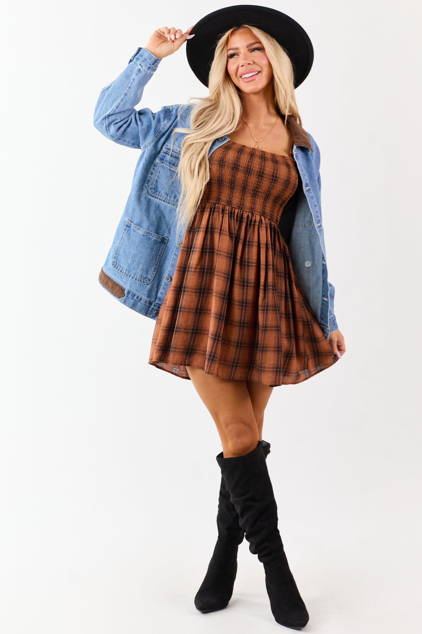 Dark Pumpkin Spice Plaid Smocked Mini Dress