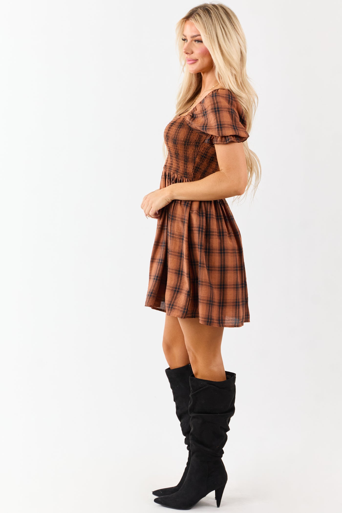 Dark Pumpkin Spice Plaid Smocked Mini Dress