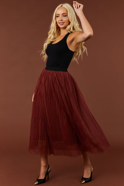 Dark Rust Pleated Mesh Midi Skirt