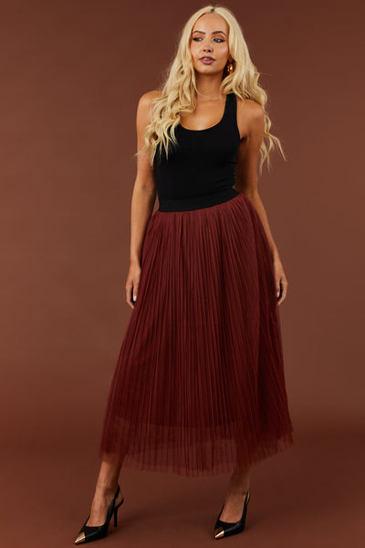 Dark Rust Pleated Mesh Midi Skirt