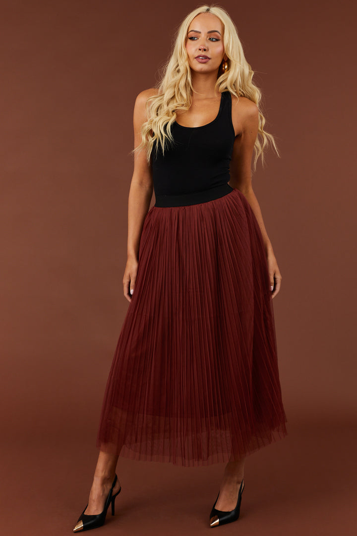 Dark Rust Pleated Mesh Midi Skirt