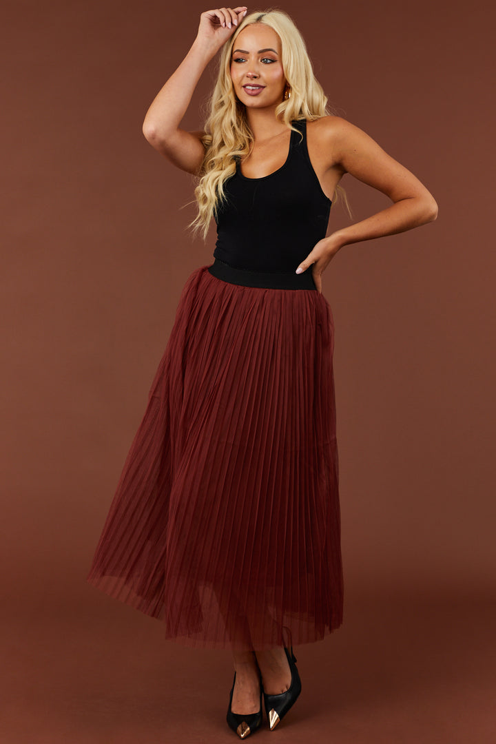 Dark Rust Pleated Mesh Midi Skirt