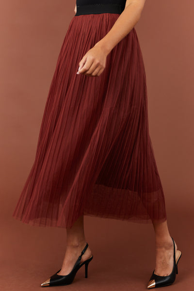 Dark Rust Pleated Mesh Midi Skirt