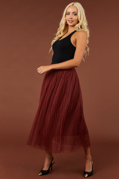 Dark Rust Pleated Mesh Midi Skirt