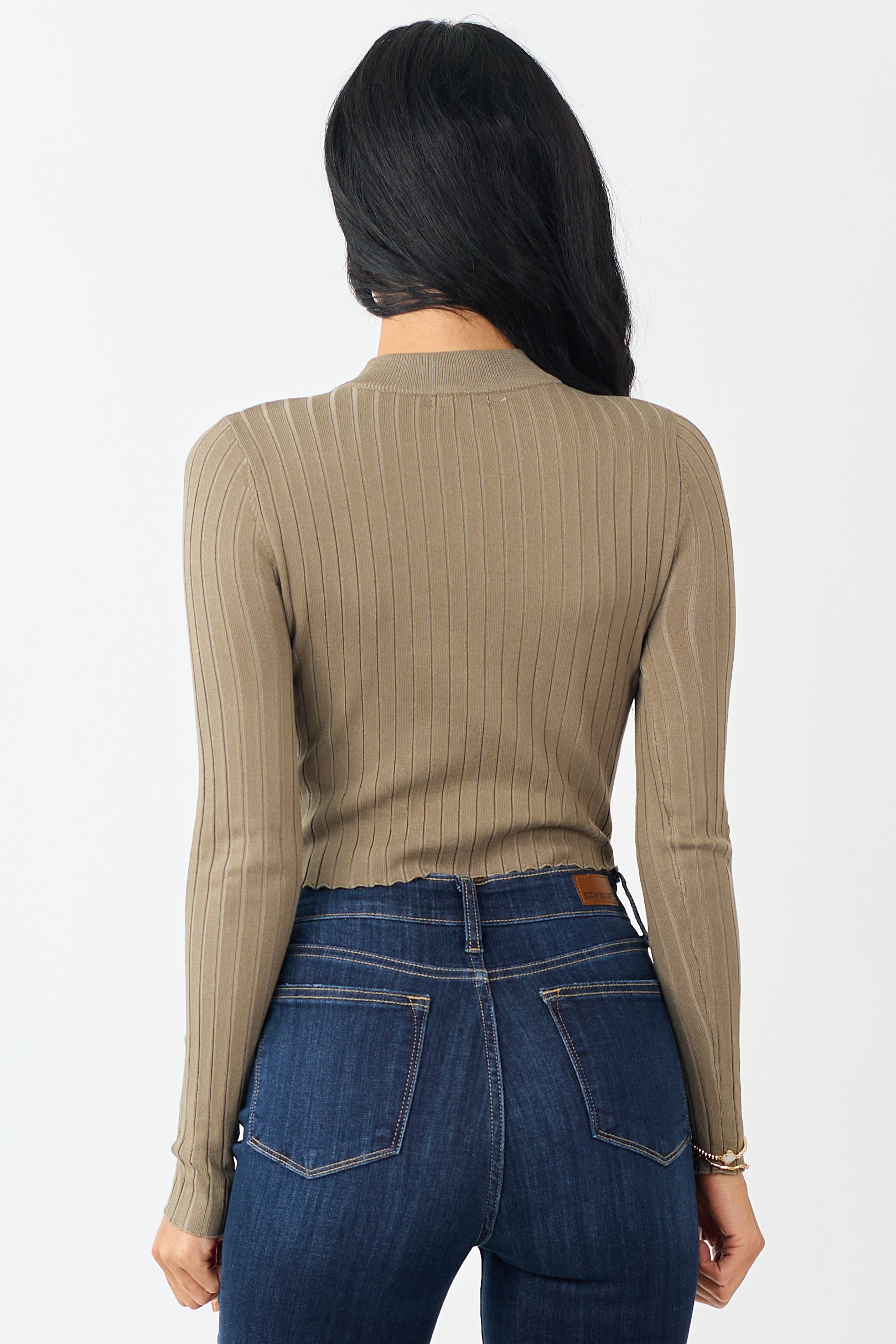 Dark Sage High Neck Long Sleeve Cropped Top | Lime Lush Boutique