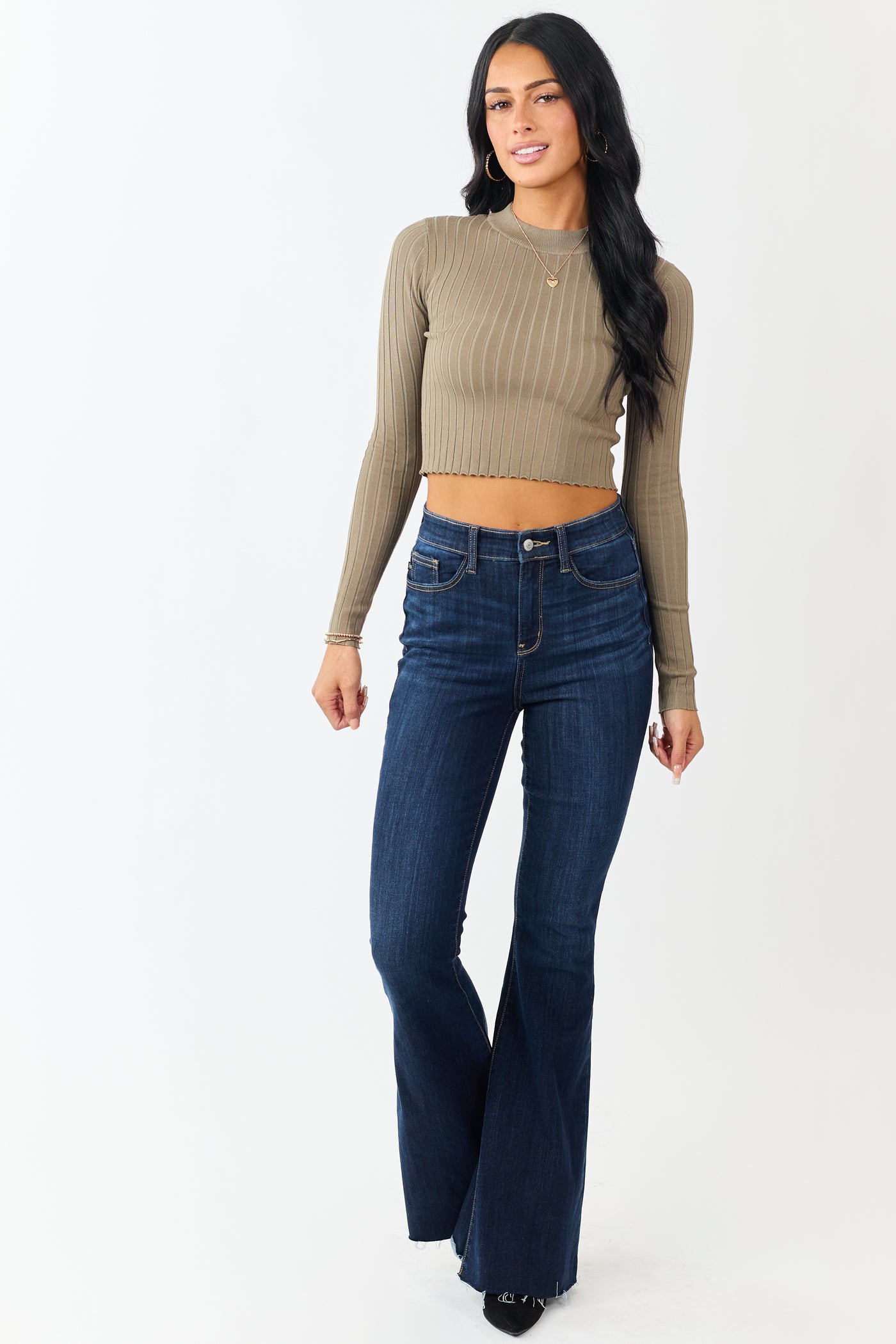 Dark Sage High Neck Long Sleeve Cropped Top