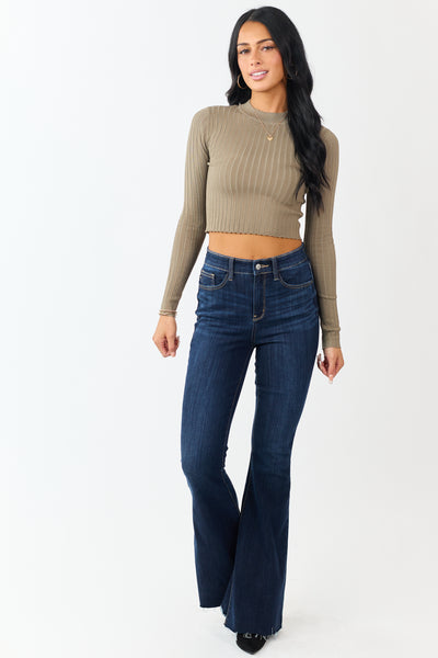 Dark Sage High Neck Long Sleeve Cropped Top