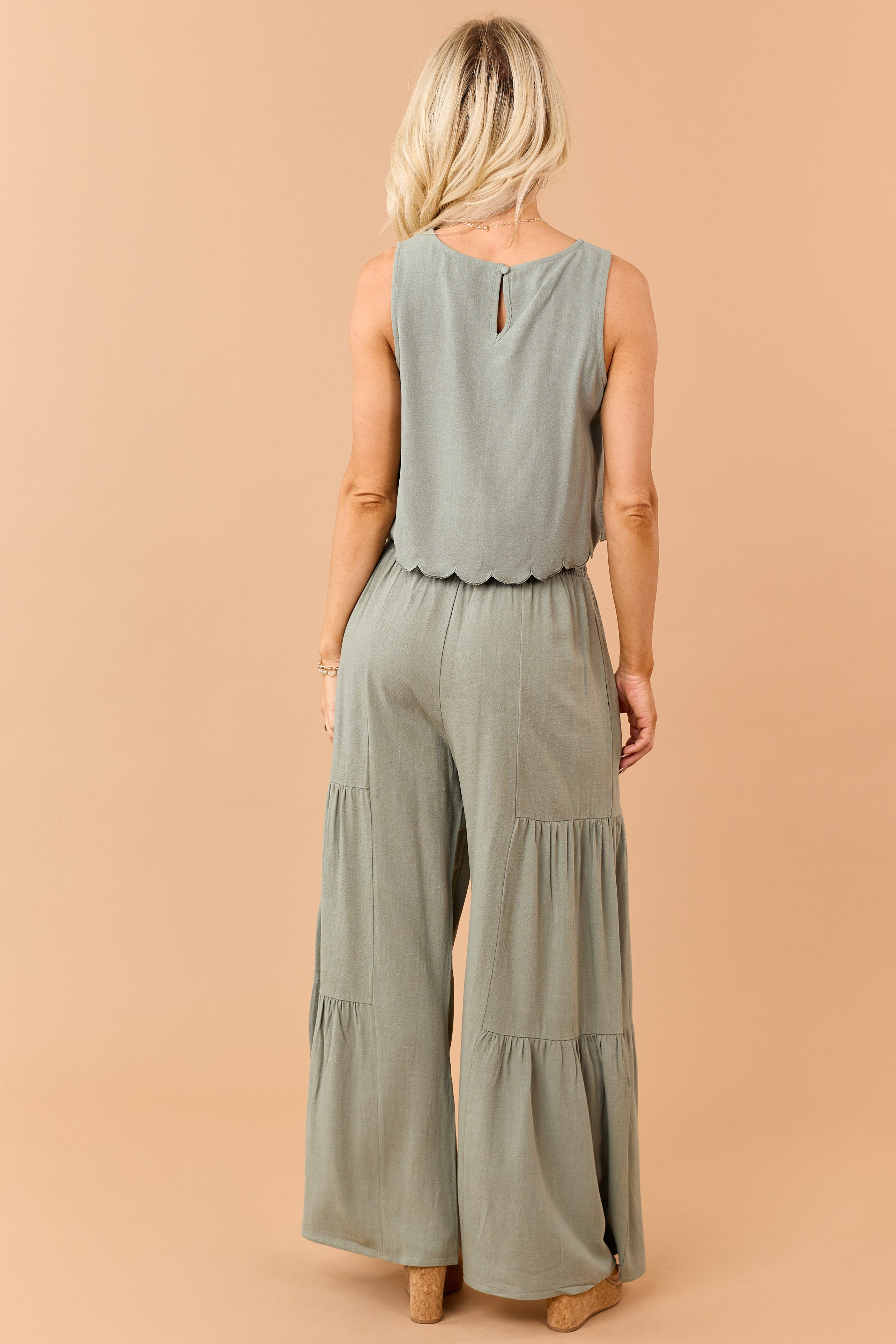Dark Sage Linen Blend Flowy Wide Leg Pants