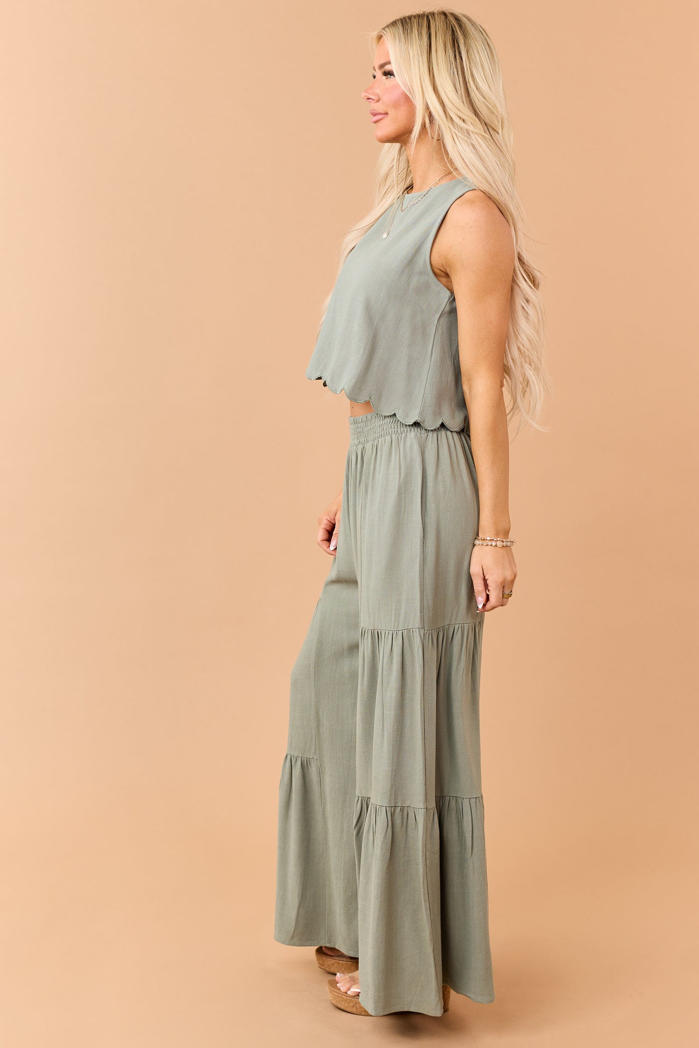 Dark Sage Linen Blend Flowy Wide Leg Pants