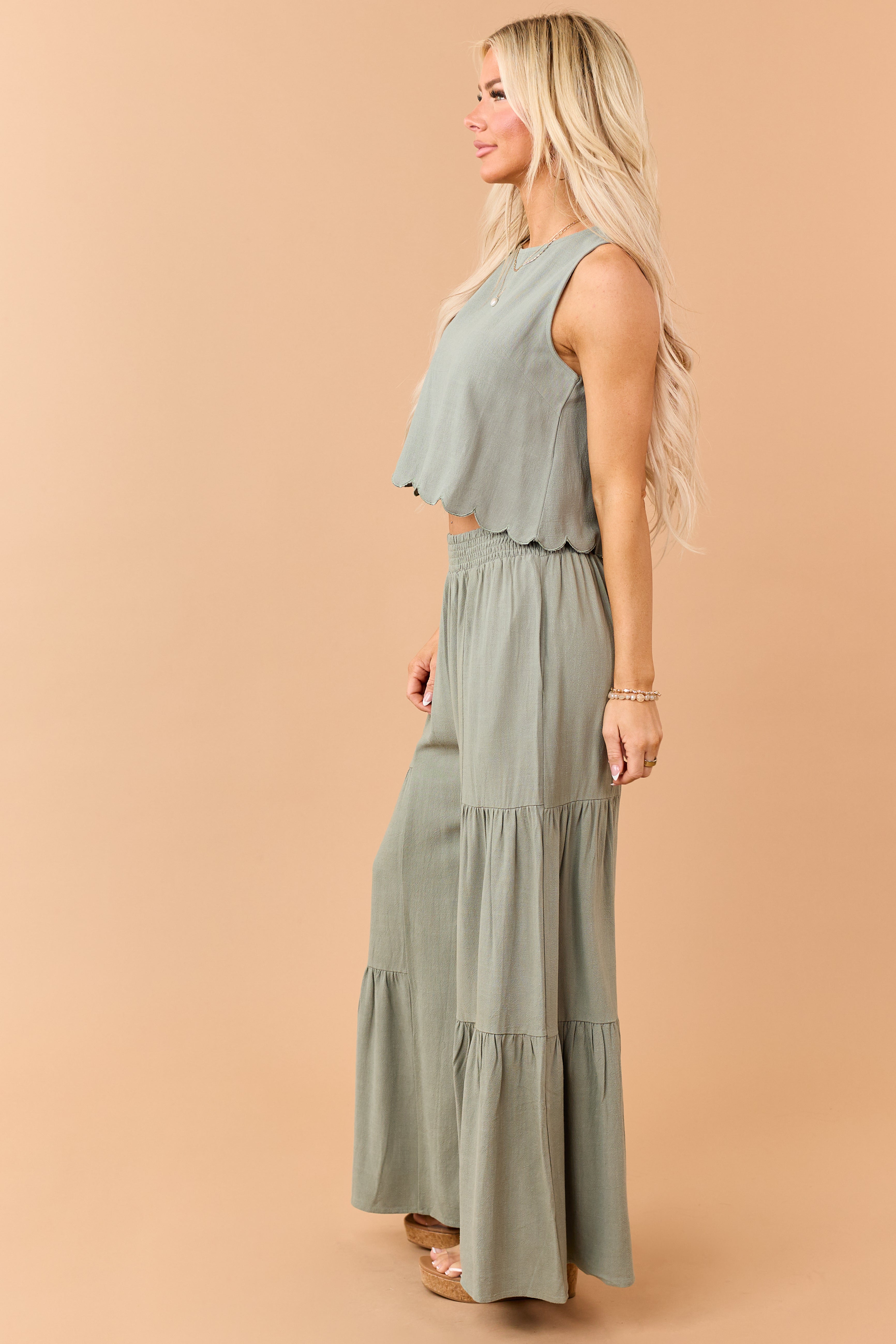 Dark Sage Linen Blend Flowy Wide Leg Pants