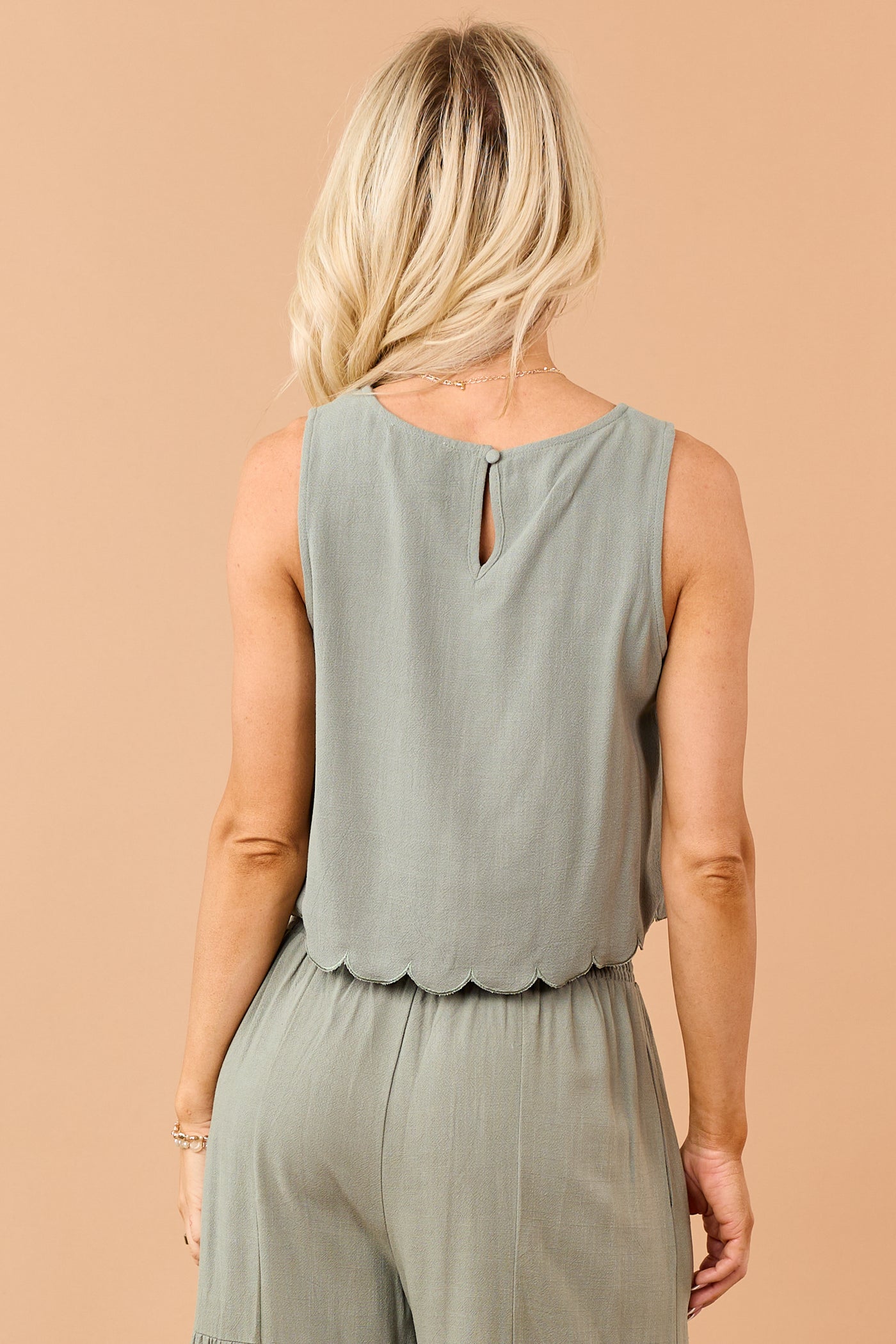 Dark Sage Linen Blend Scalloped Hem Tank Top