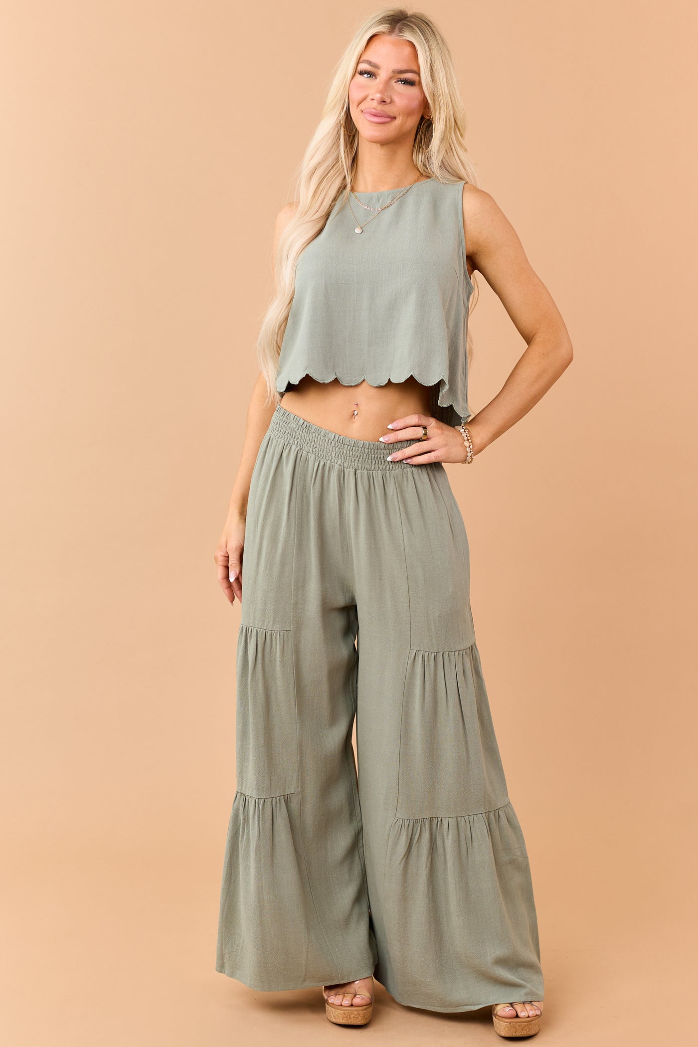 Dark Sage Linen Blend Scalloped Hem Tank Top