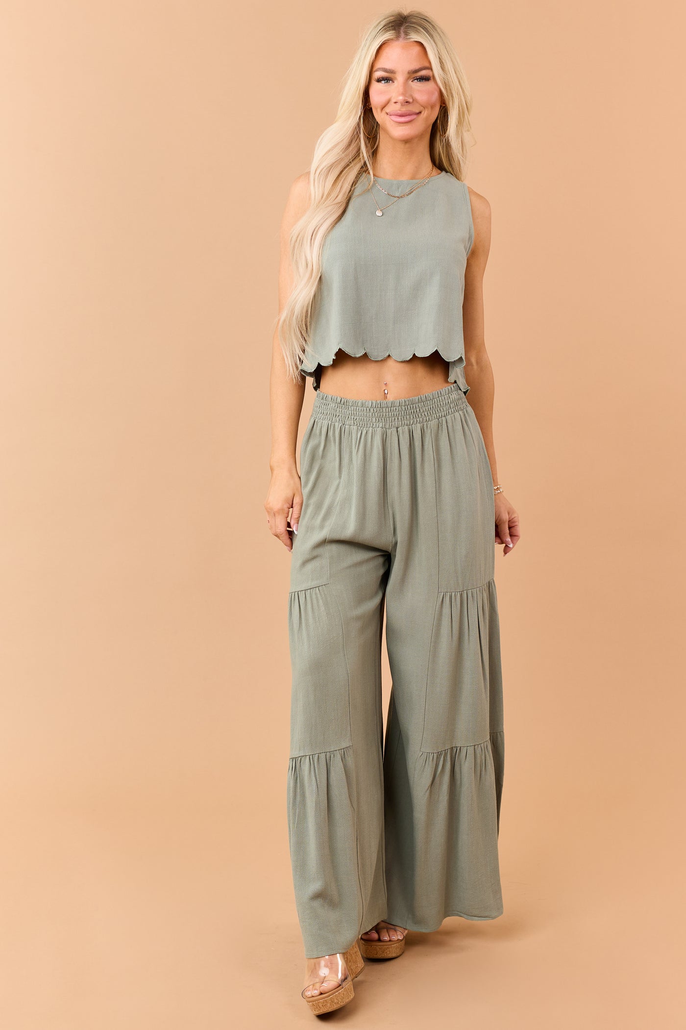Dark Sage Linen Blend Scalloped Hem Tank Top