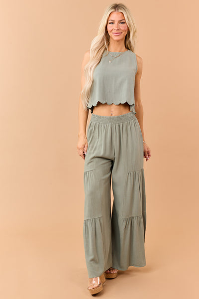 Dark Sage Linen Blend Scalloped Hem Tank Top