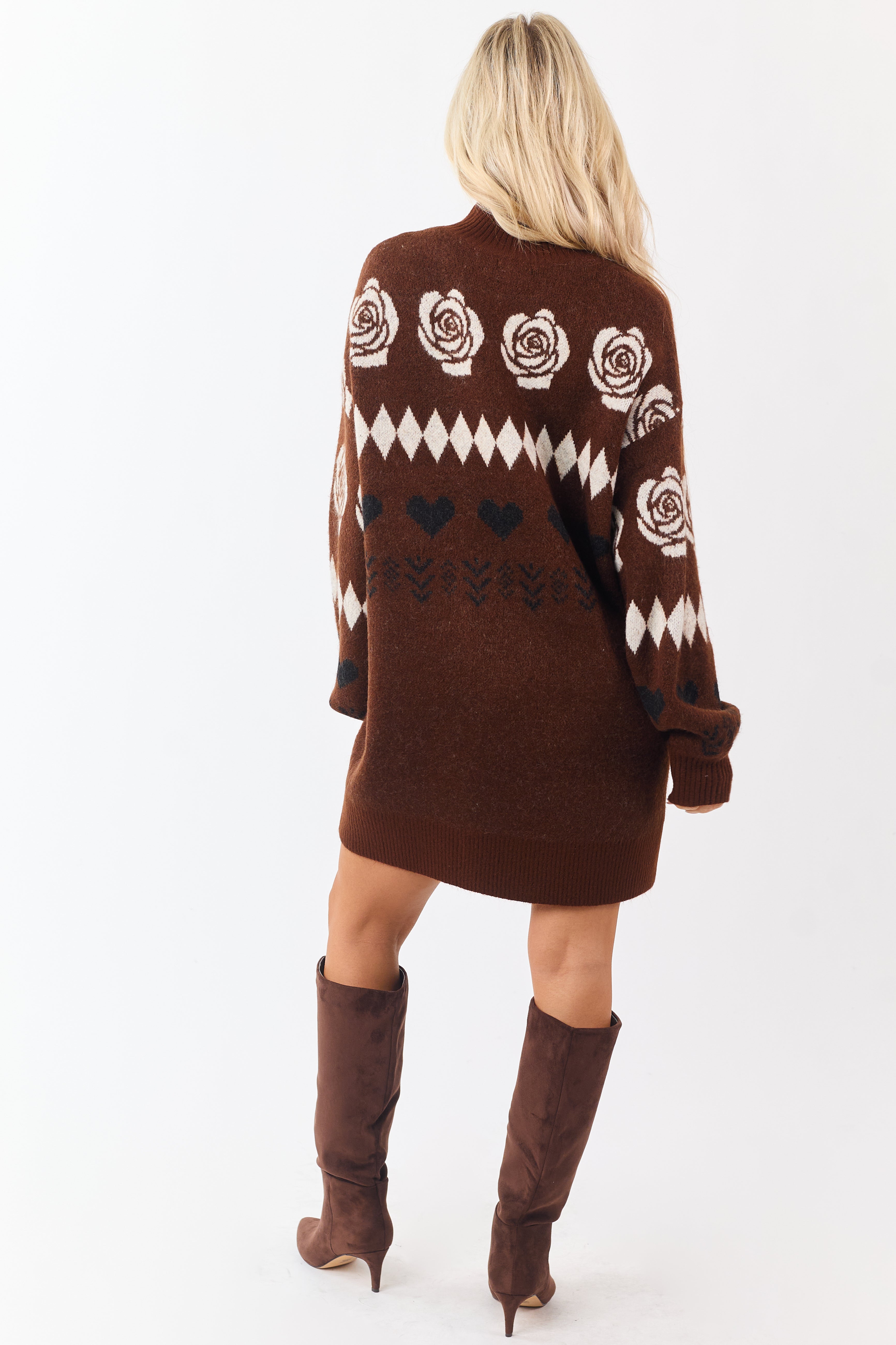 Dark Sepia Multi Print Mock Neck Mini Sweater Dress