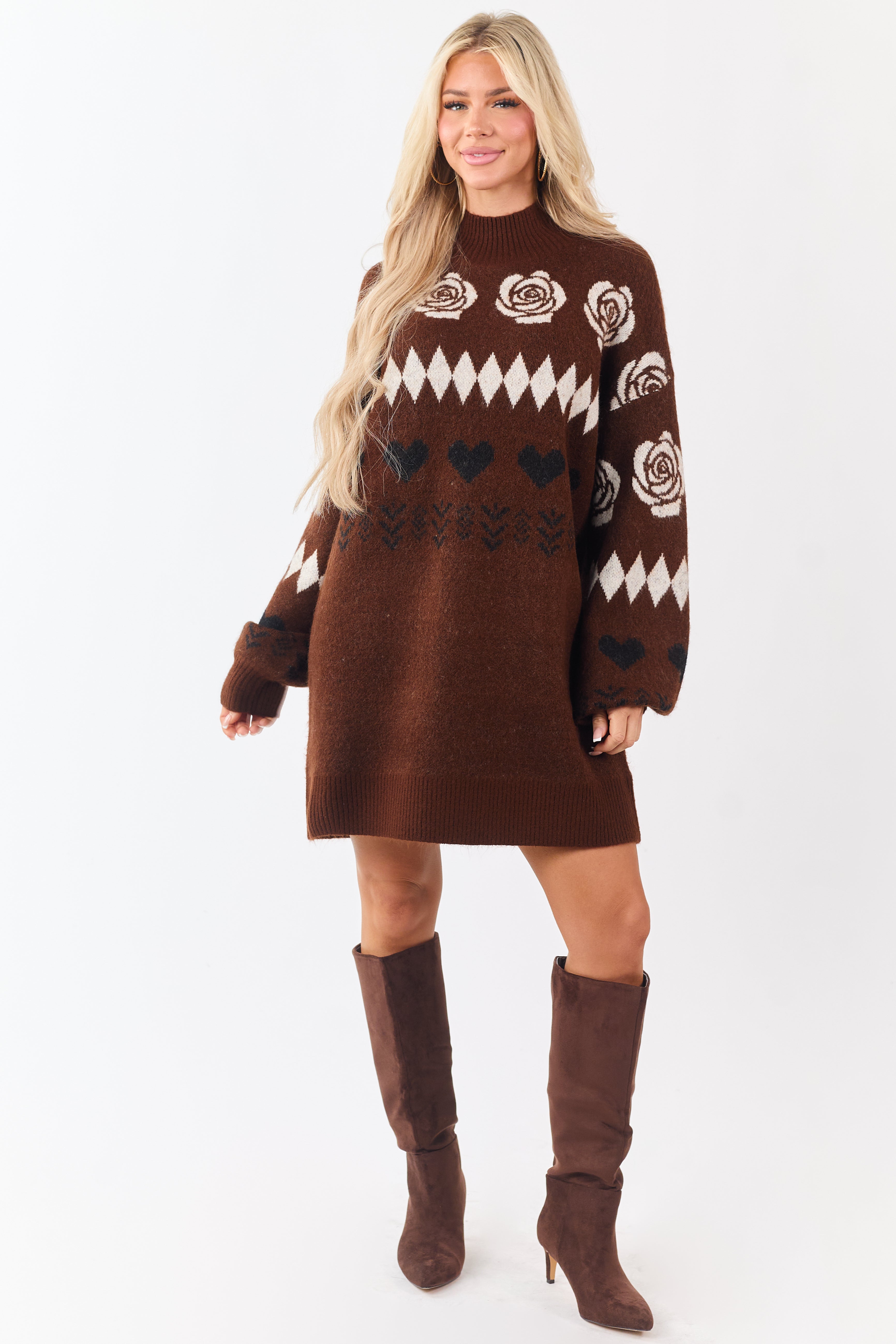 Dark Sepia Multi Print Mock Neck Mini Sweater Dress