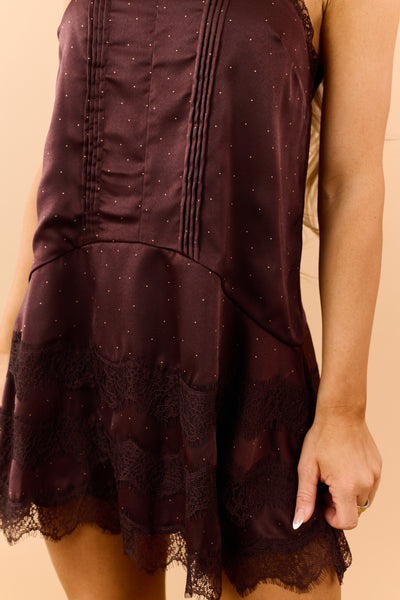Dark Sienna Rose Polka Dot Satin Lace Trim Mini Dress