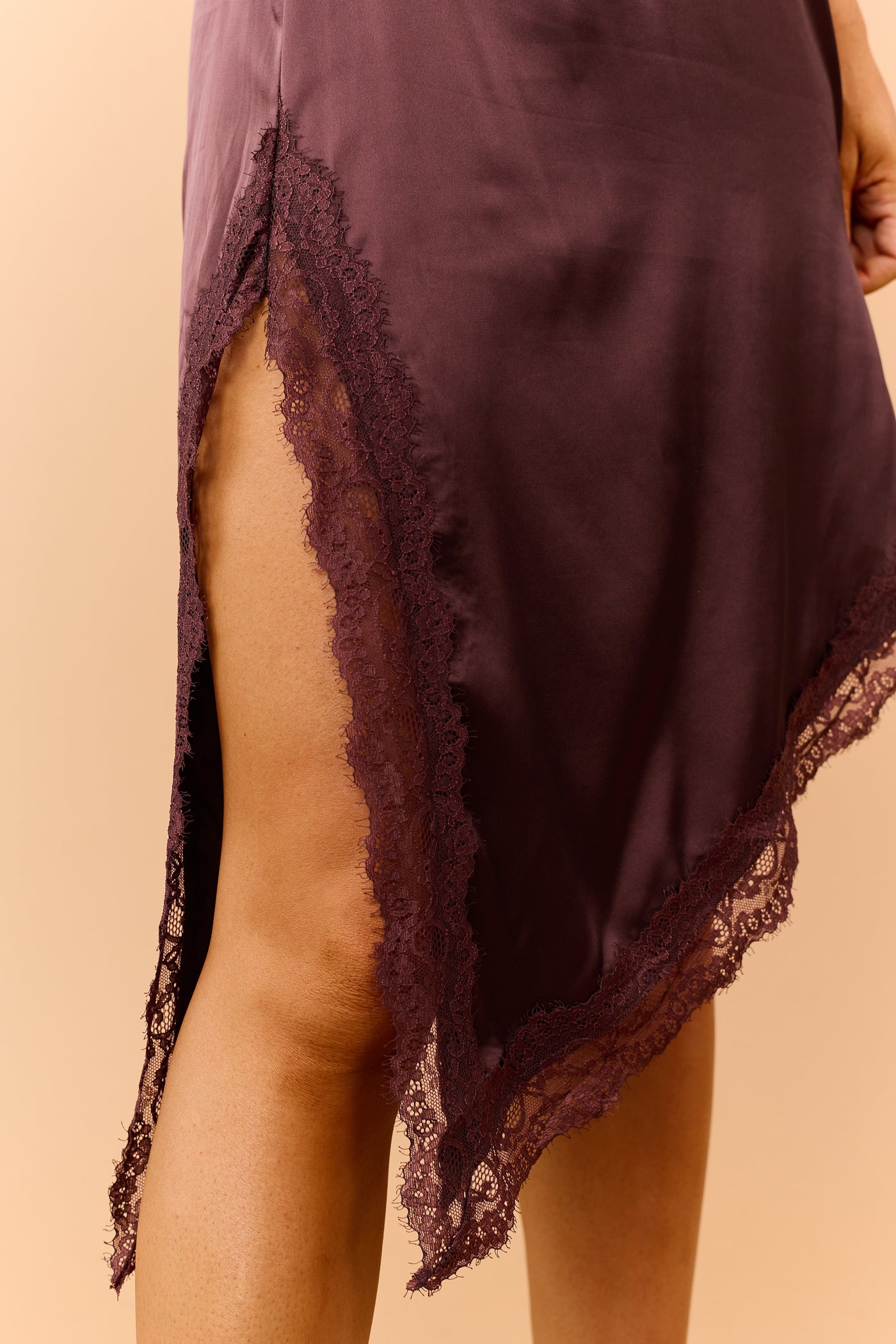 Dark Sienna Satin Lace Trim Side Slit Midi Slip Dress