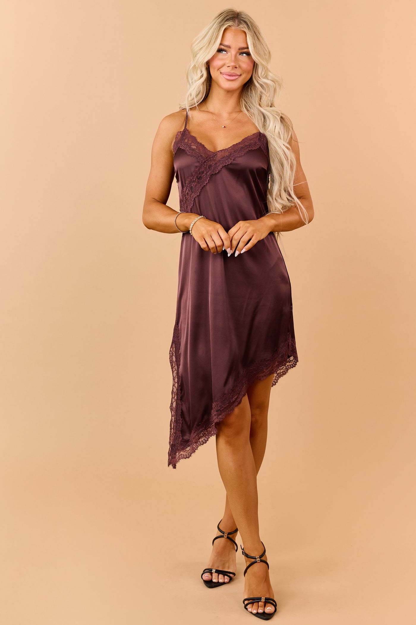 Dark Sienna Satin Lace Trim Side Slit Midi Slip Dress