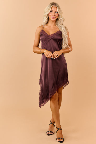 Dark Sienna Satin Lace Trim Side Slit Midi Slip Dress