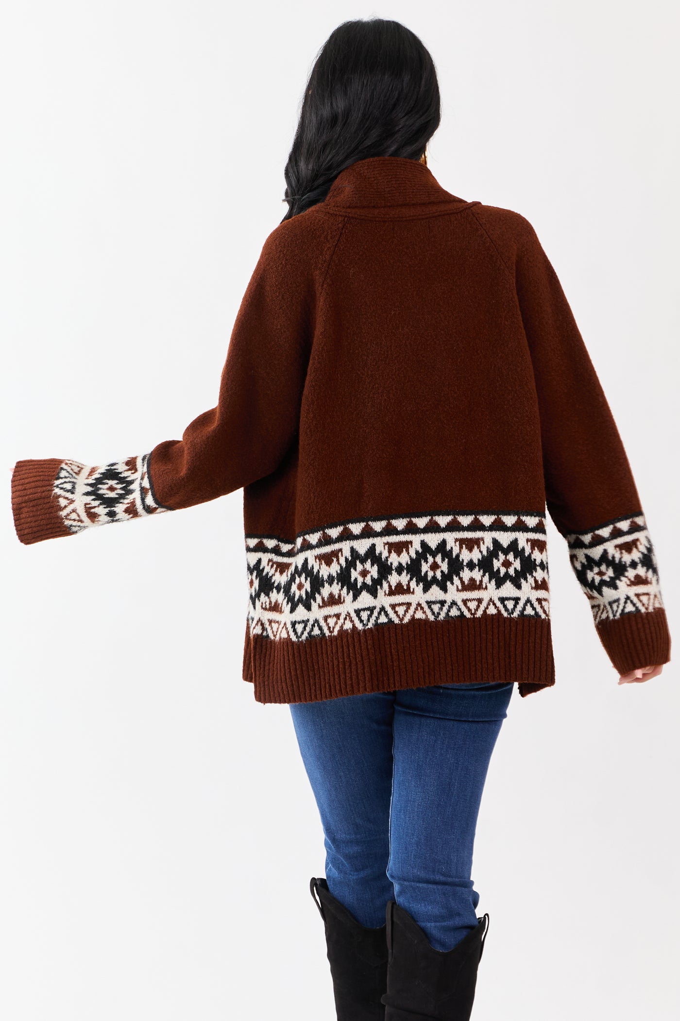 Dark Spice Aztec Pattern Open Front Knit Cardigan