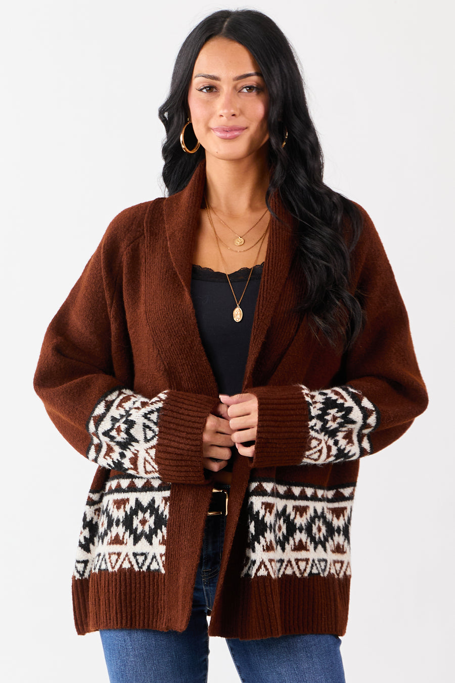 Dark Spice Aztec Pattern Open Front Knit Cardigan