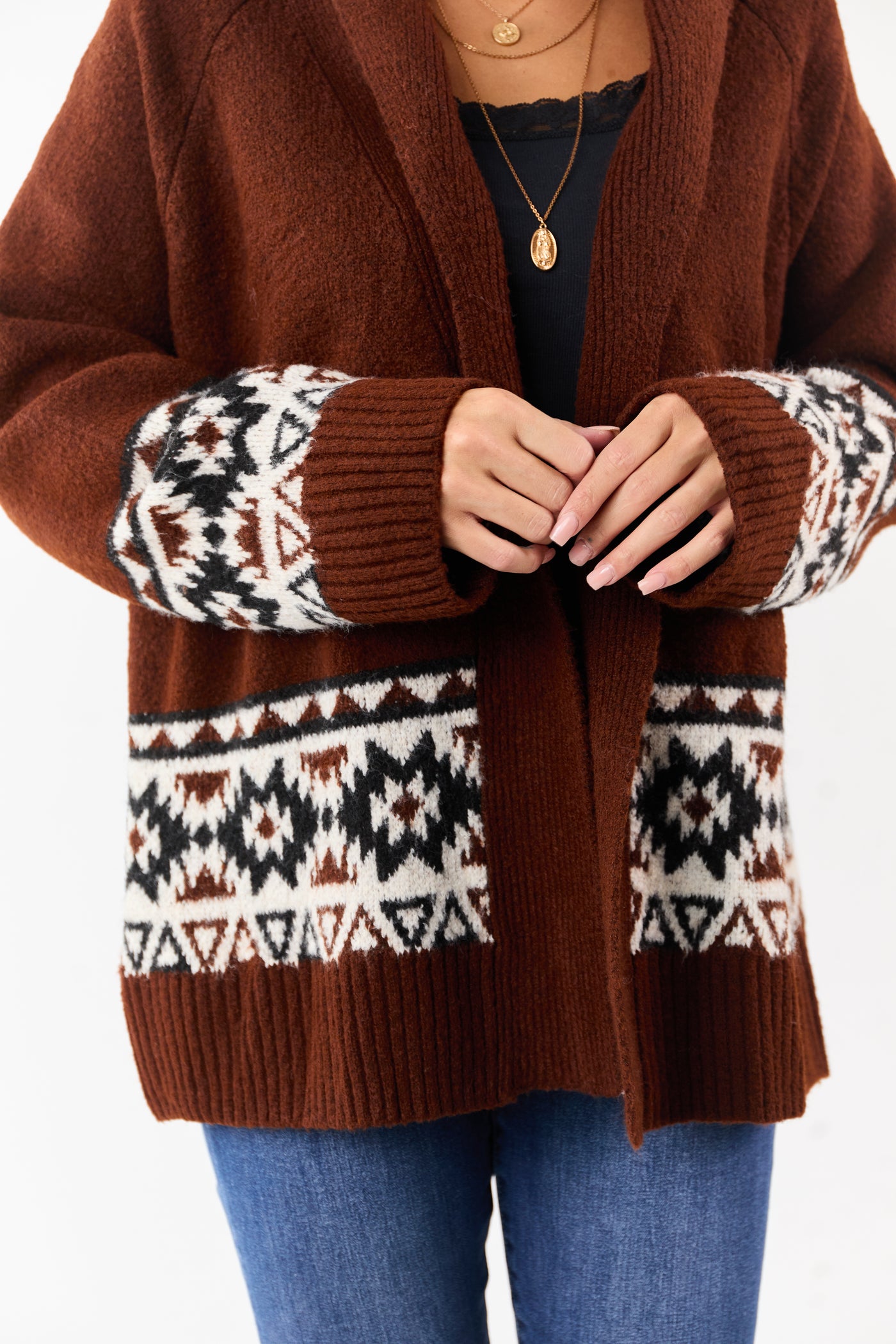 Dark Spice Aztec Pattern Open Front Knit Cardigan
