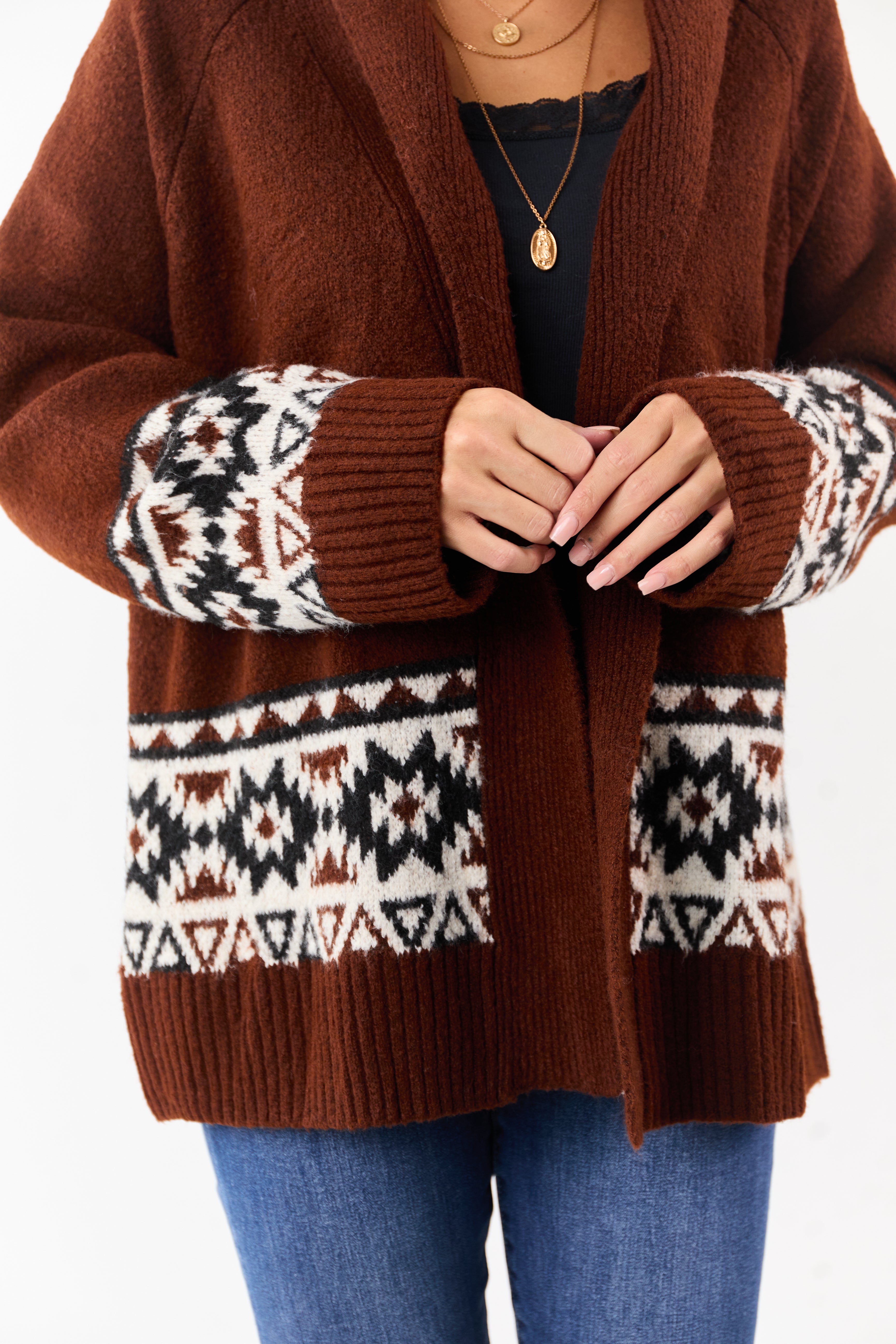 Dark Spice Aztec Pattern Open Front Knit Cardigan