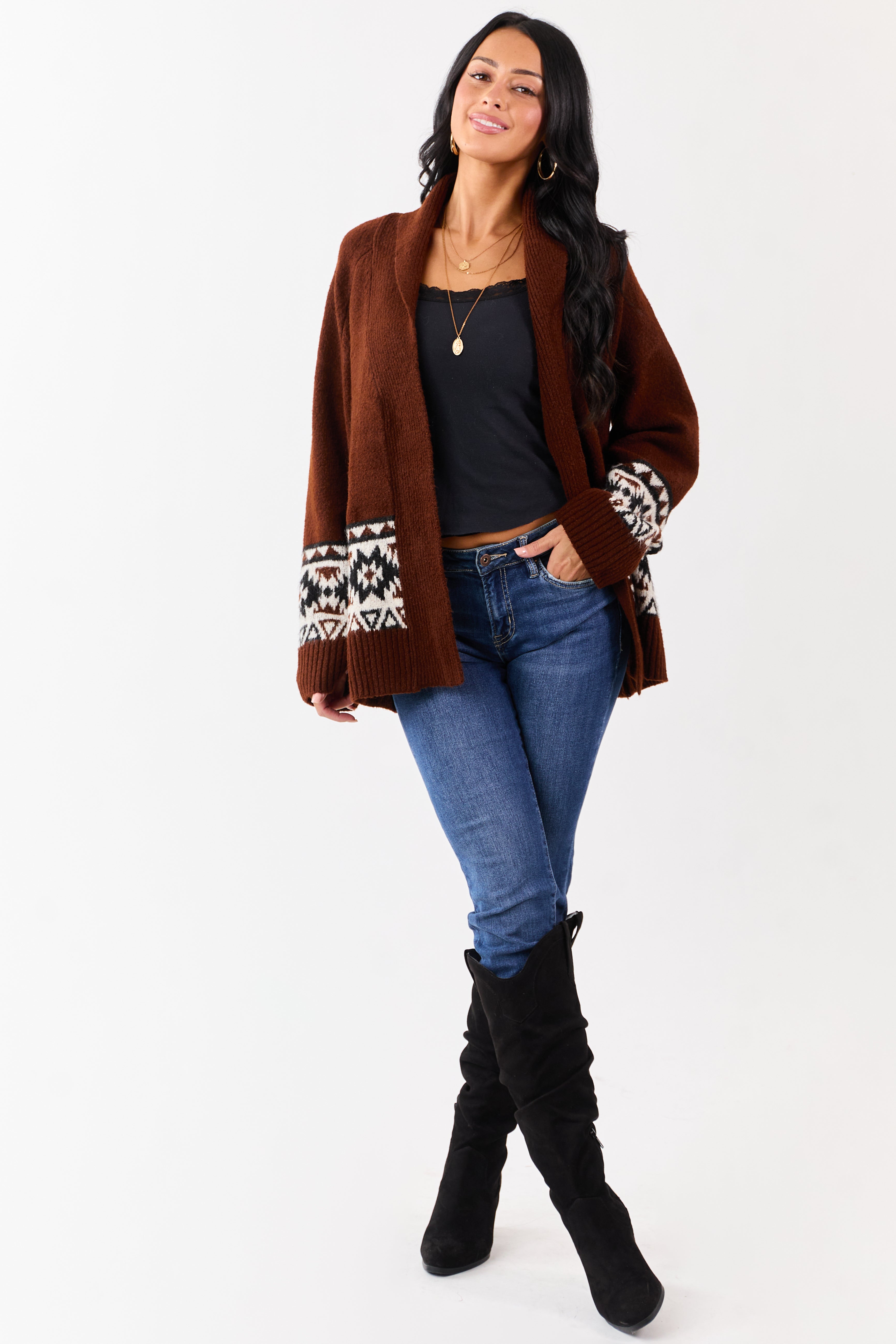 Dark Spice Aztec Pattern Open Front Knit Cardigan