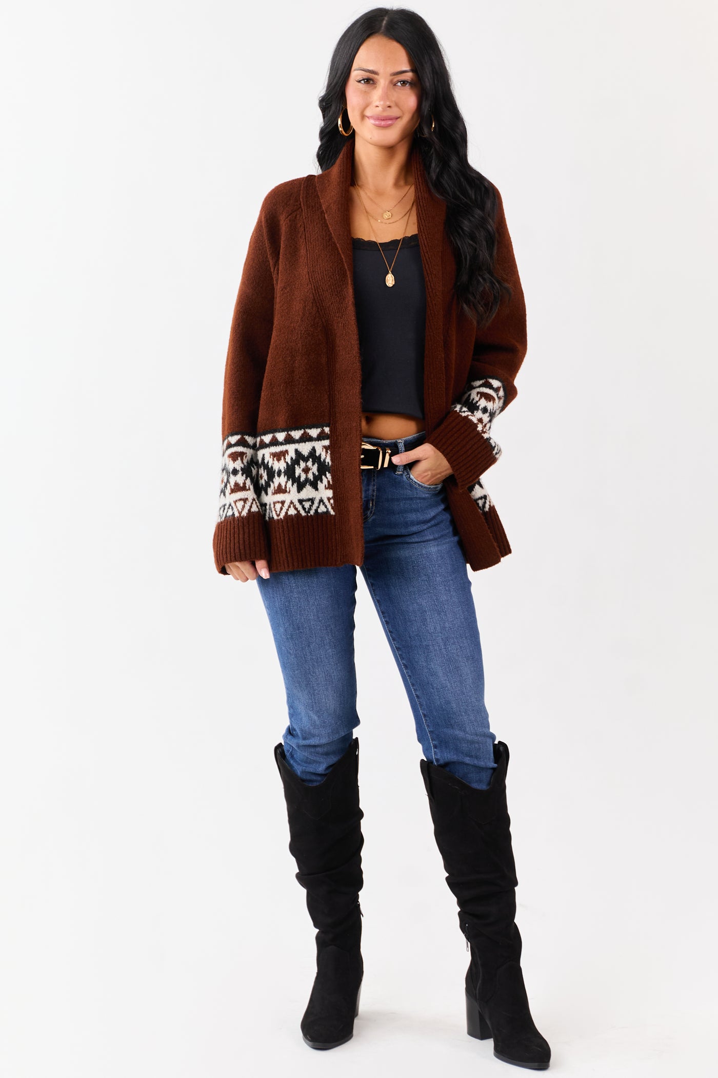 Dark Spice Aztec Pattern Open Front Knit Cardigan