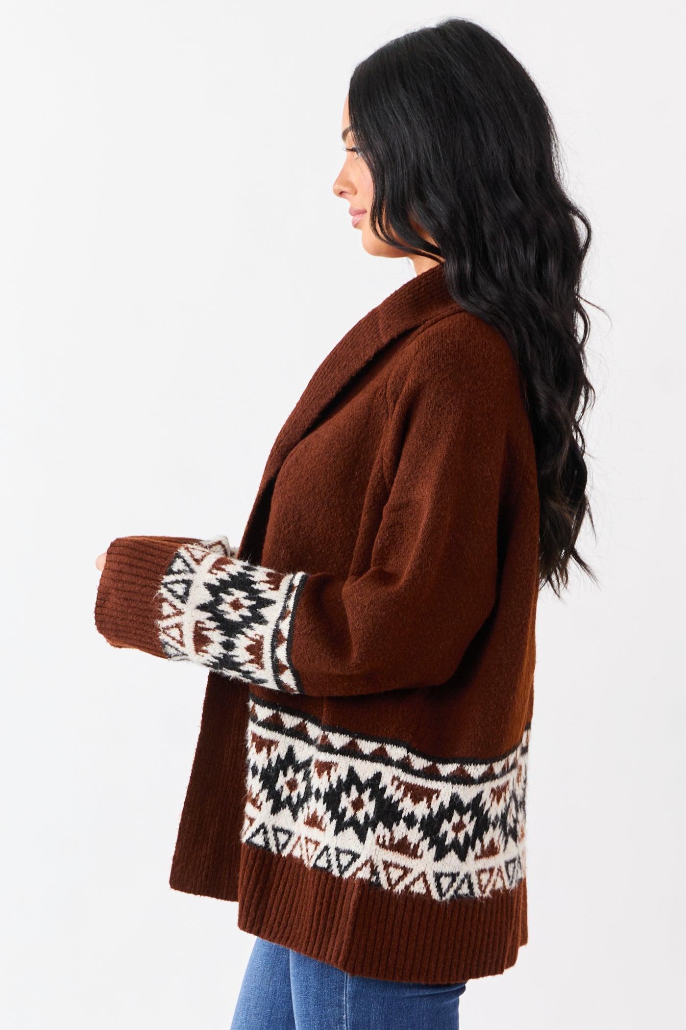Dark Spice Aztec Pattern Open Front Knit Cardigan