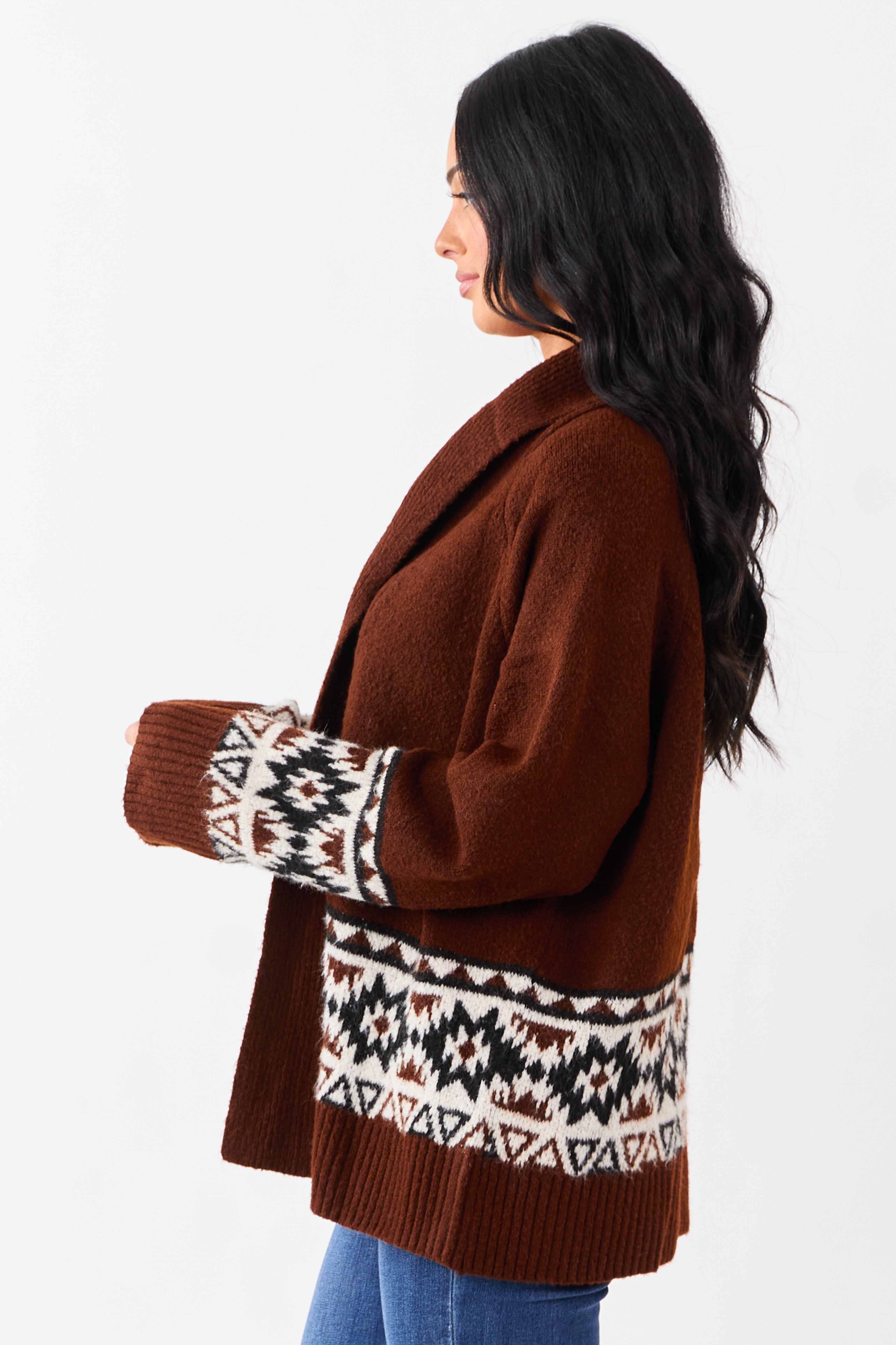 Dark Spice Aztec Pattern Open Front Knit Cardigan