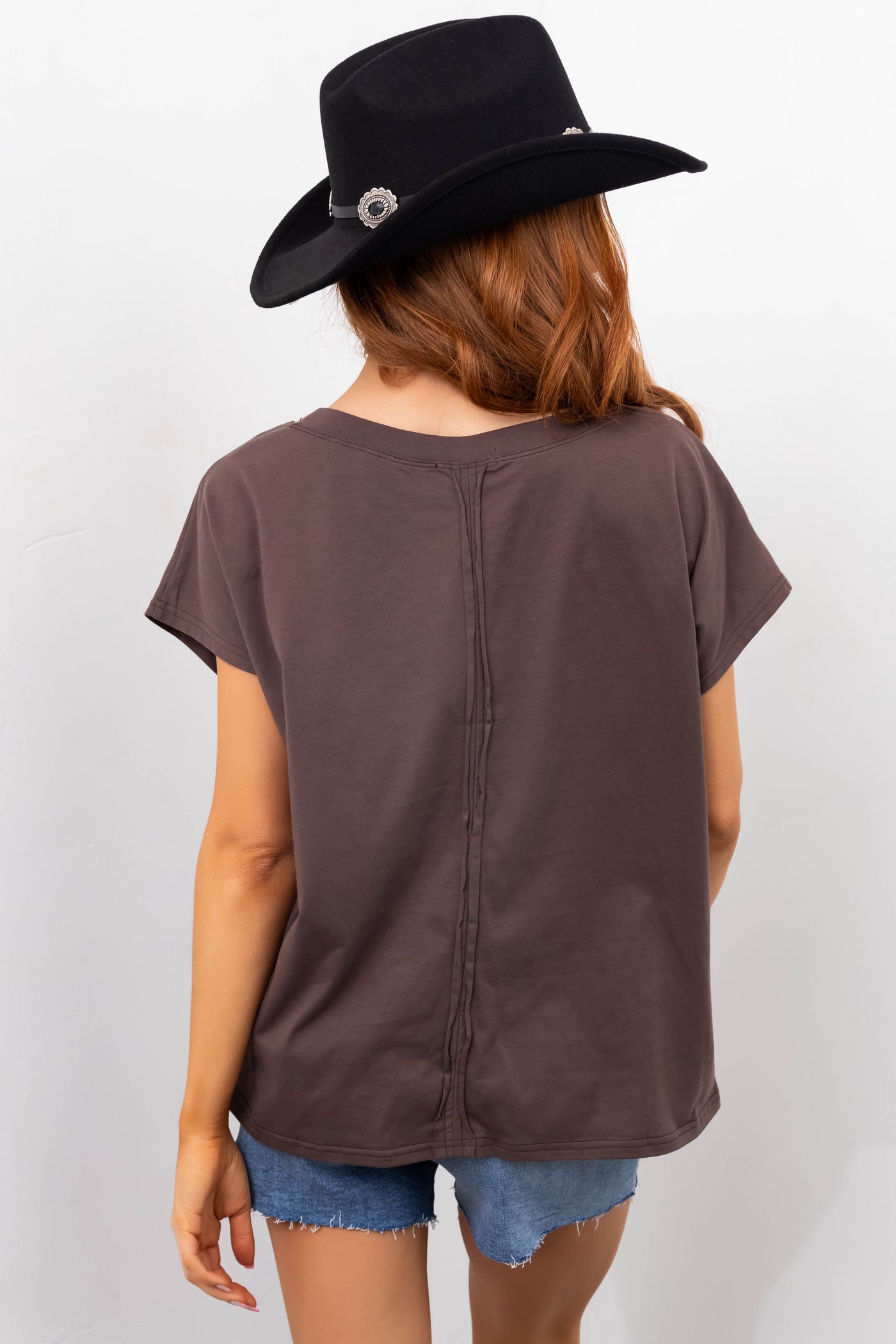 Dark Taupe Fringe Short Sleeve Knit Tee