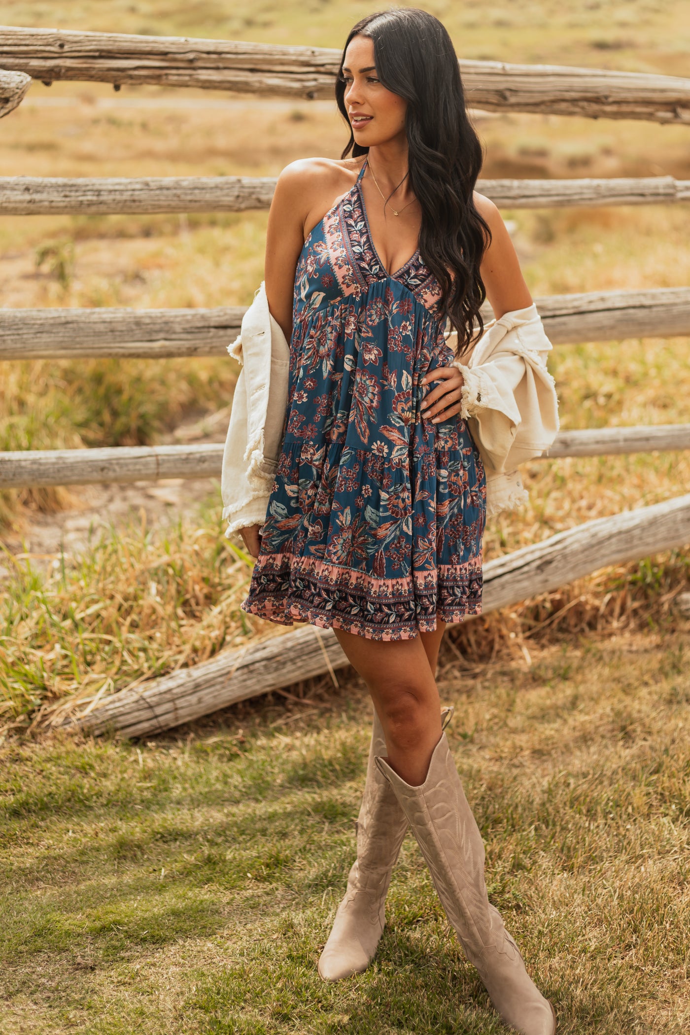 Dark Teal Halter Neck Floral Print Mini Dress