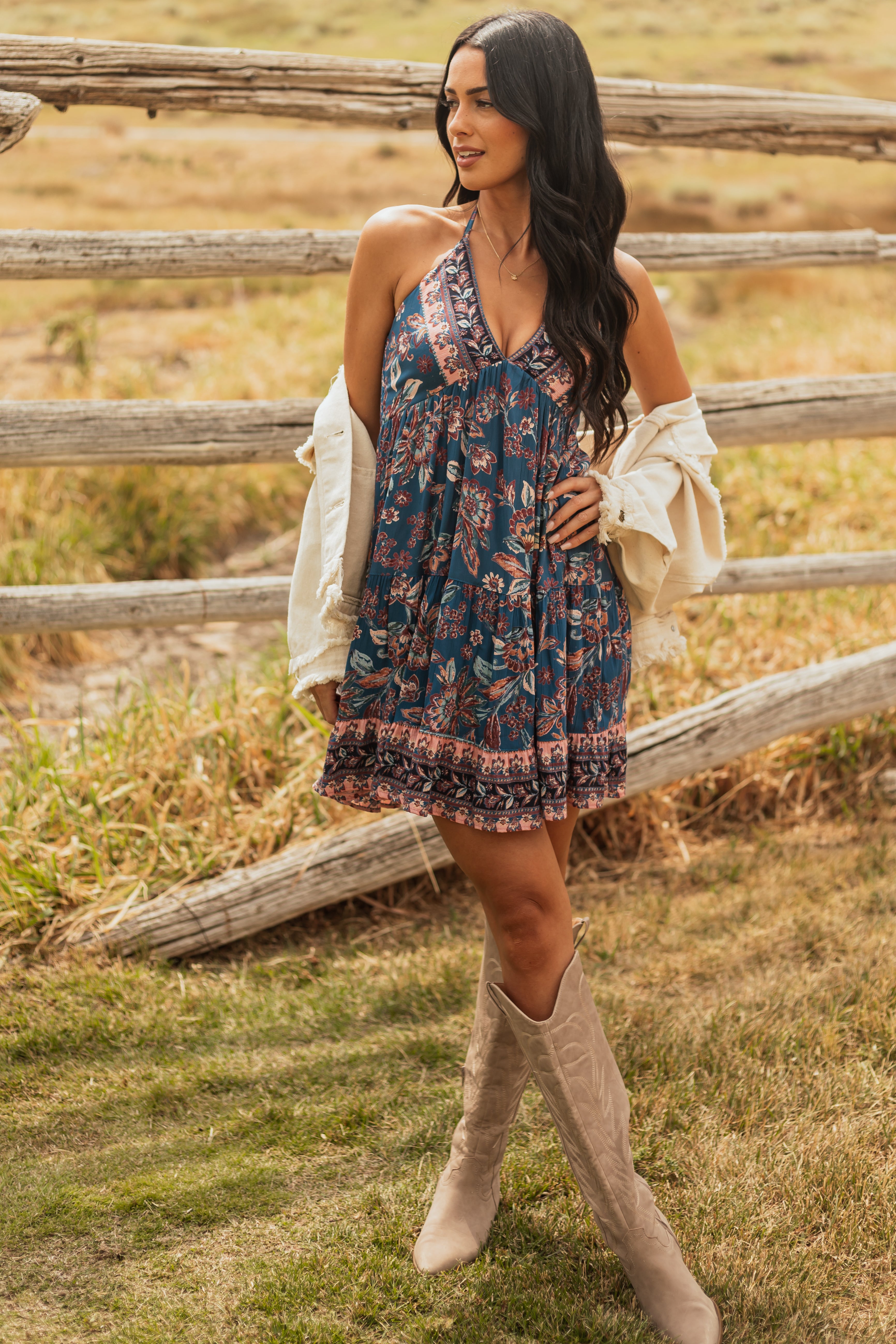 Dark Teal Halter Neck Floral Print Mini Dress