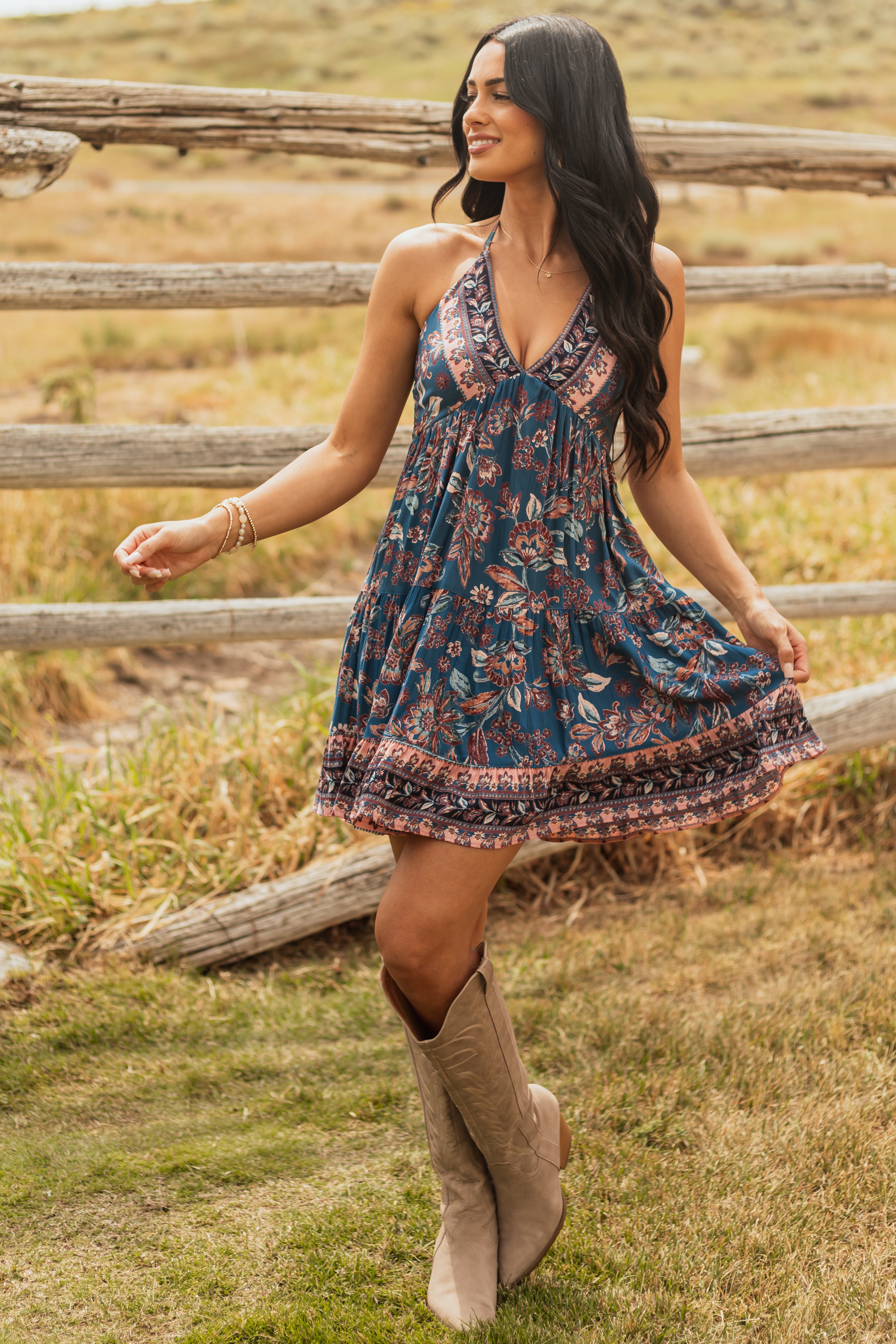 Dark Teal Halter Neck Floral Print Mini Dress