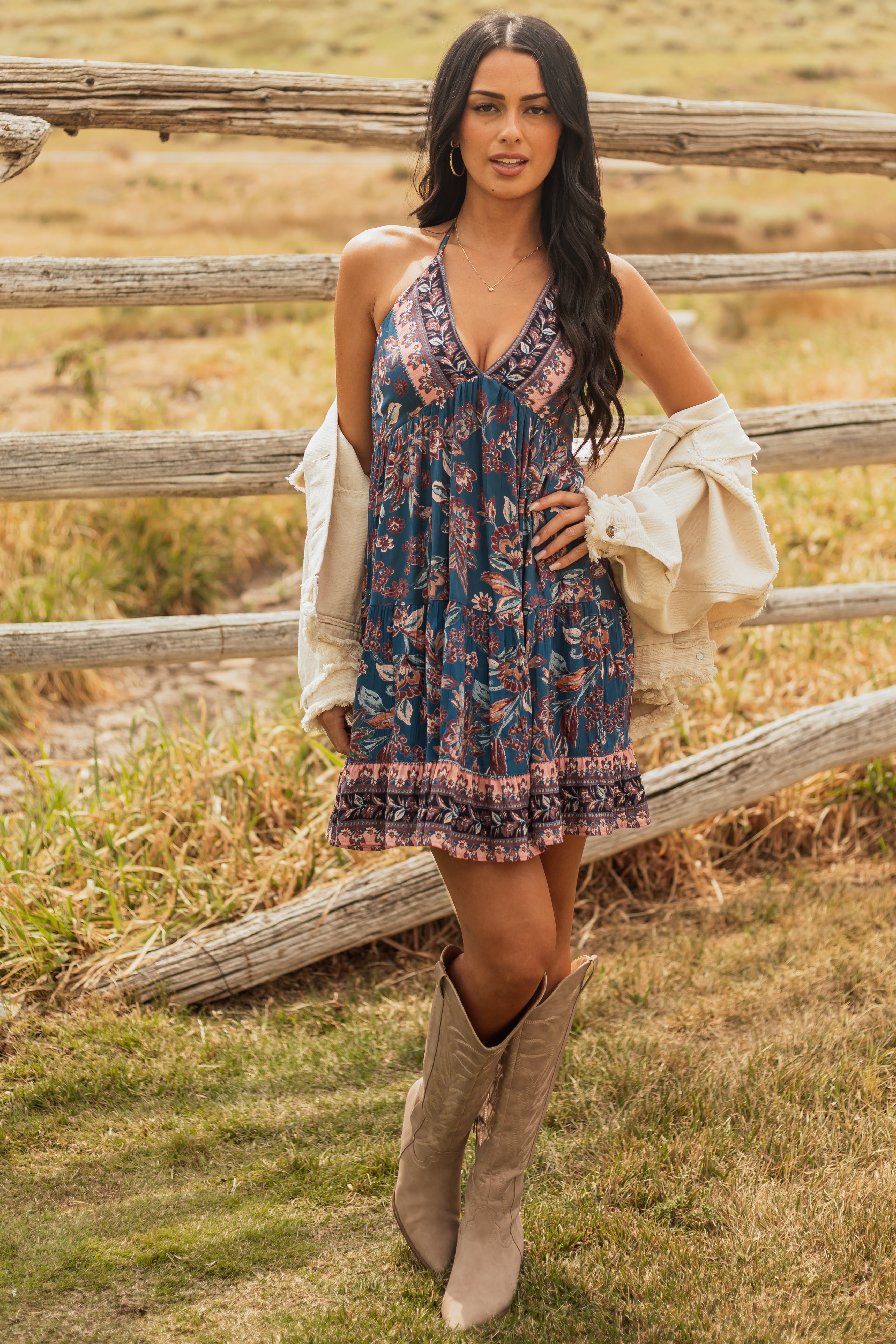 Dark Teal Halter Neck Floral Print Mini Dress