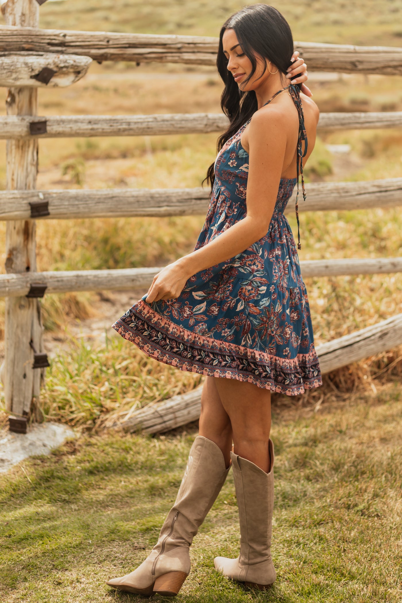 Dark Teal Halter Neck Floral Print Mini Dress