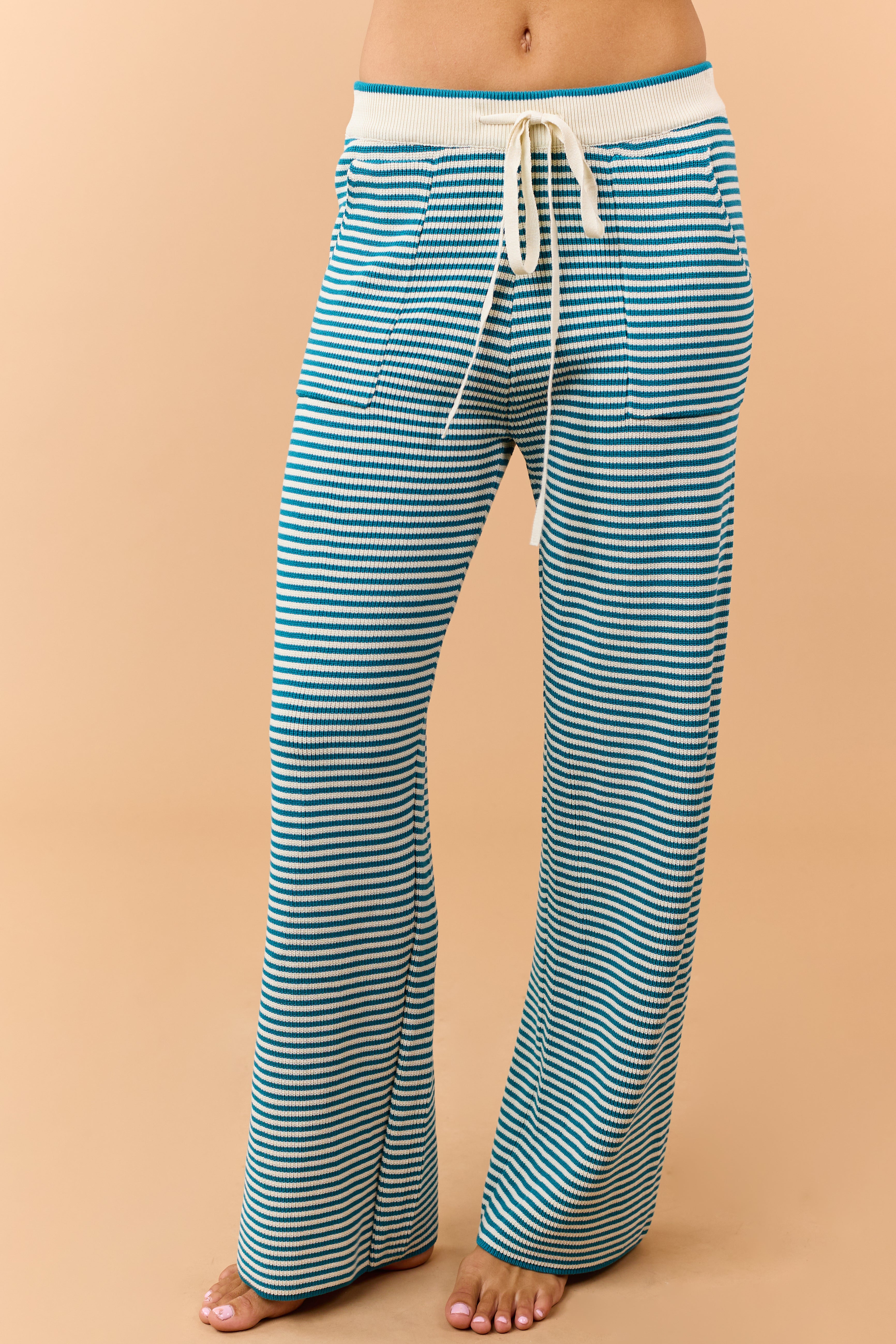 Dark Teal Striped Knit Tank and Wide Leg Pants Set