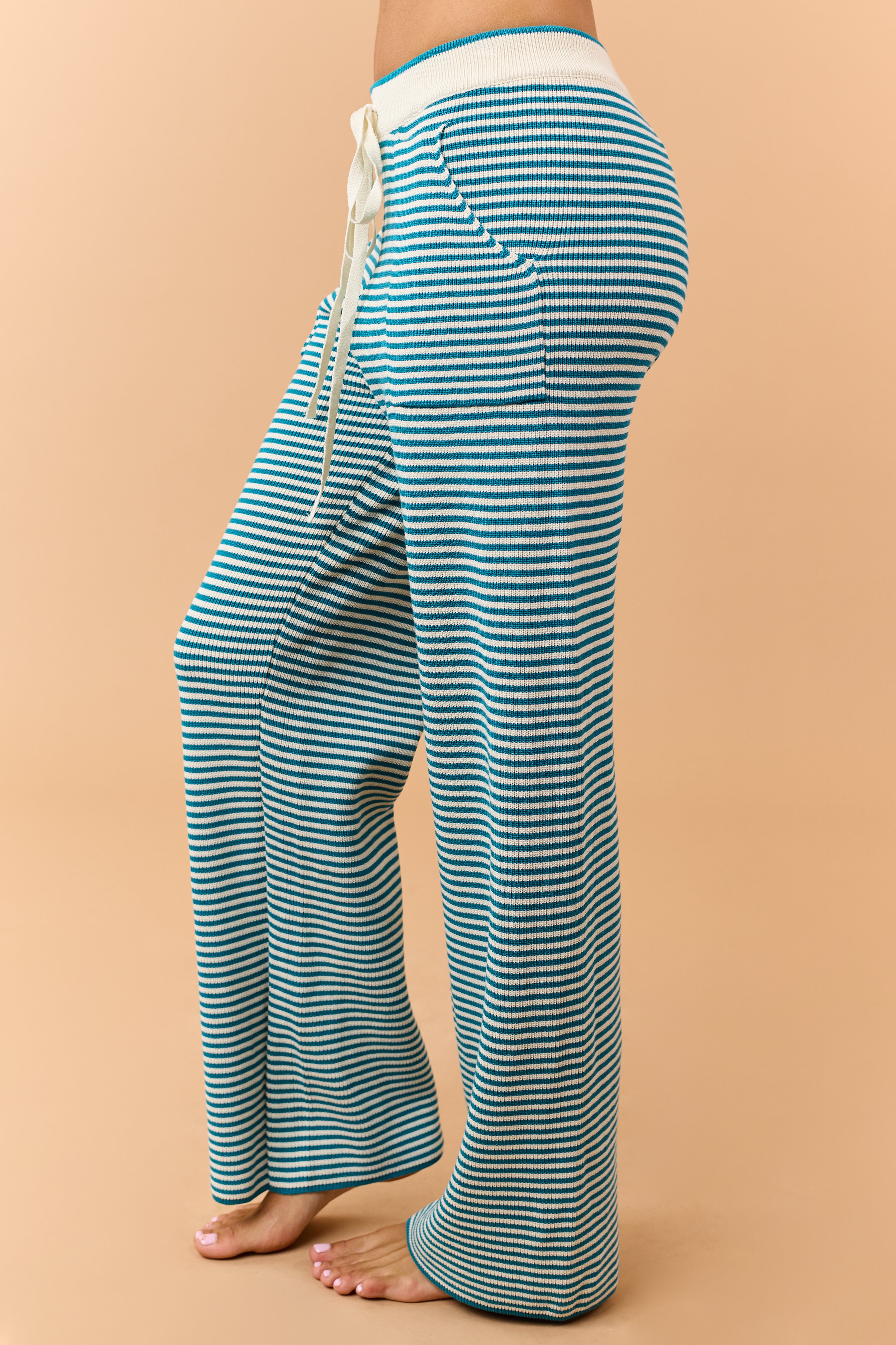 Dark Teal Striped Knit Tank and Wide Leg Pants Set