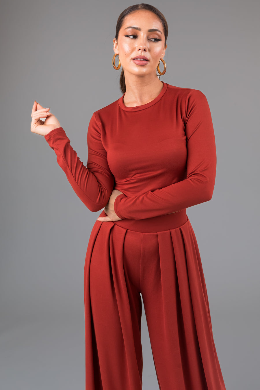 Dark Terracotta Soft Long Sleeve Top and Wide Pant Set