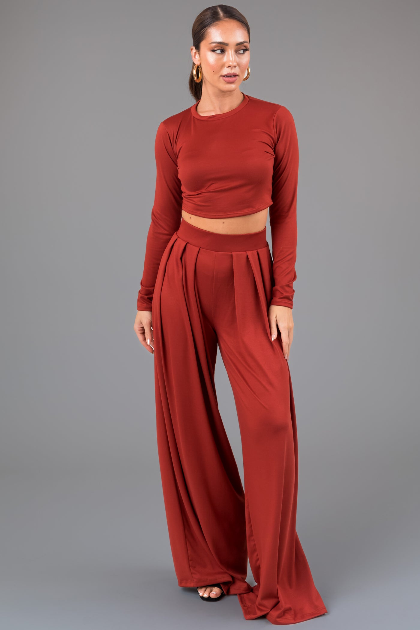 Dark Terracotta Soft Long Sleeve Top and Wide Pant Set